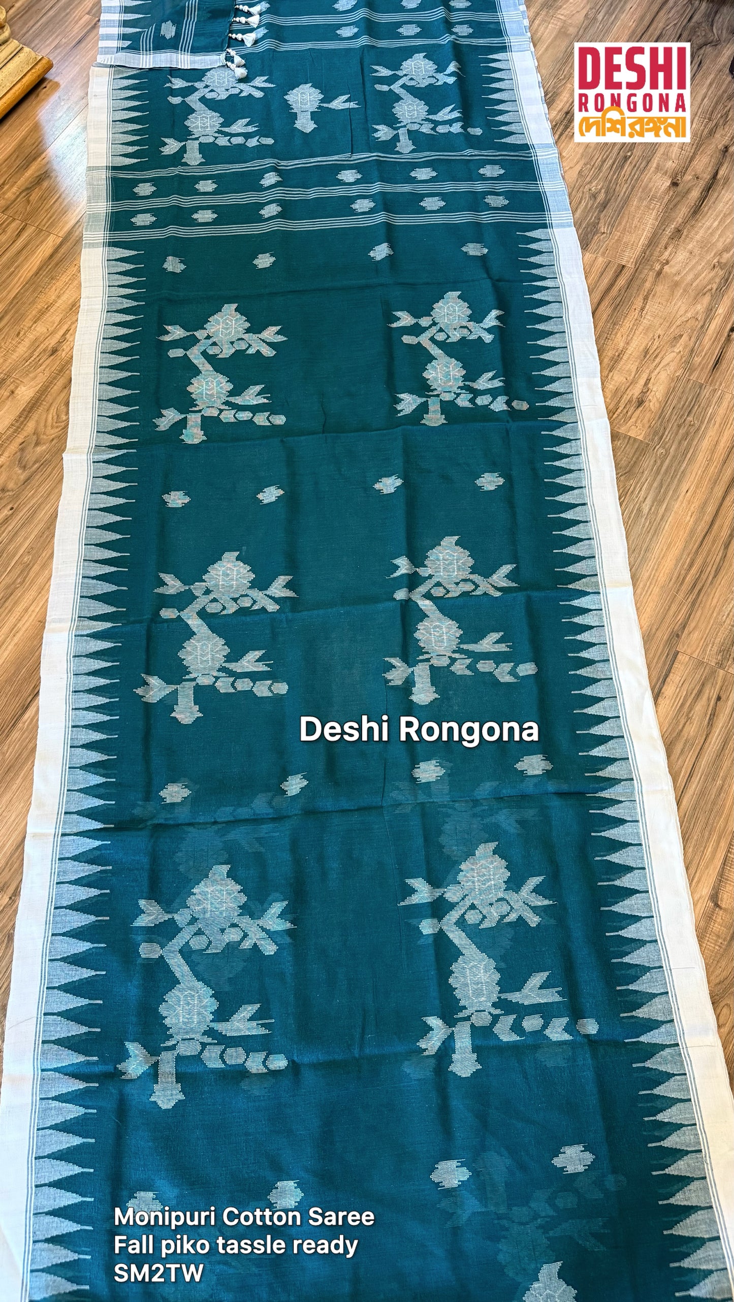 Monipuri Handwoven Cotton Saree – Teal & White