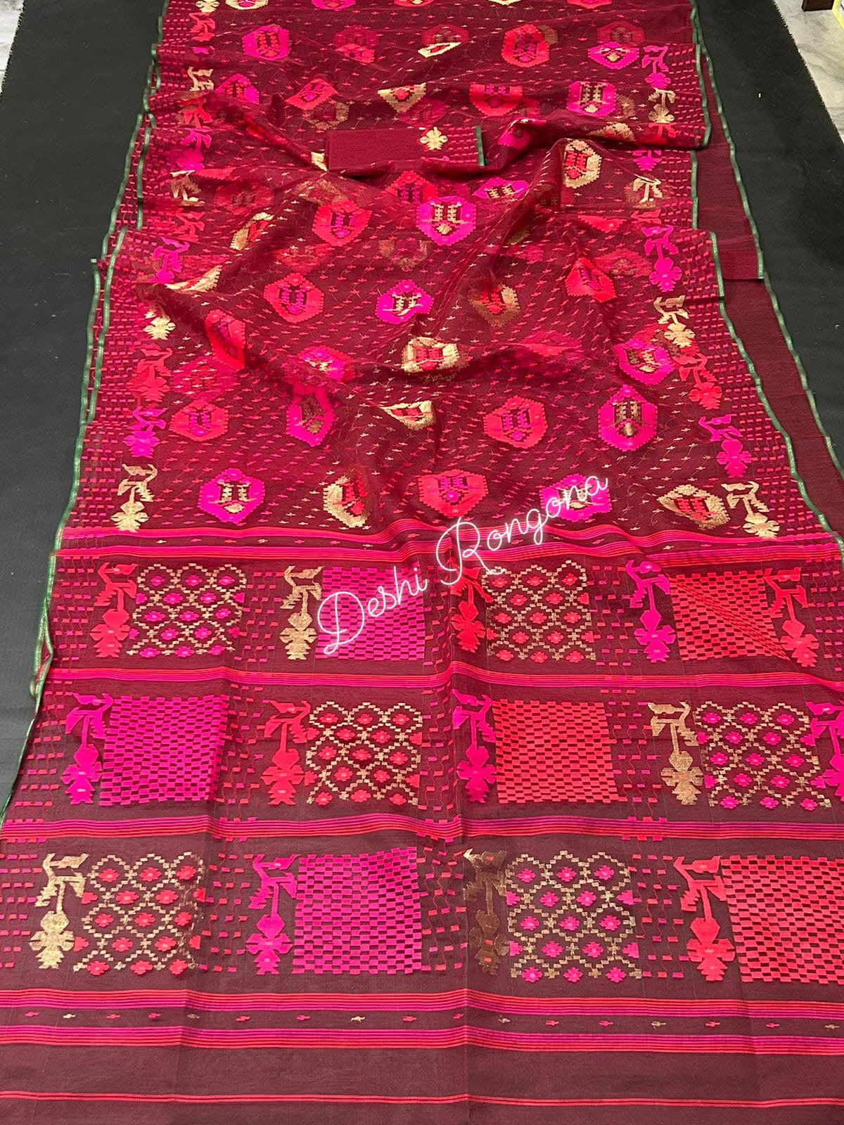 Elegant Maroon Dhakai Jamdani Saree - Handloom Classic