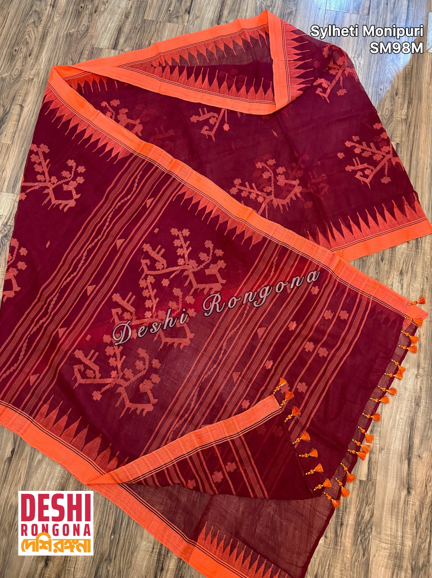 Monipuri Cotton saree, Maroon and Orange