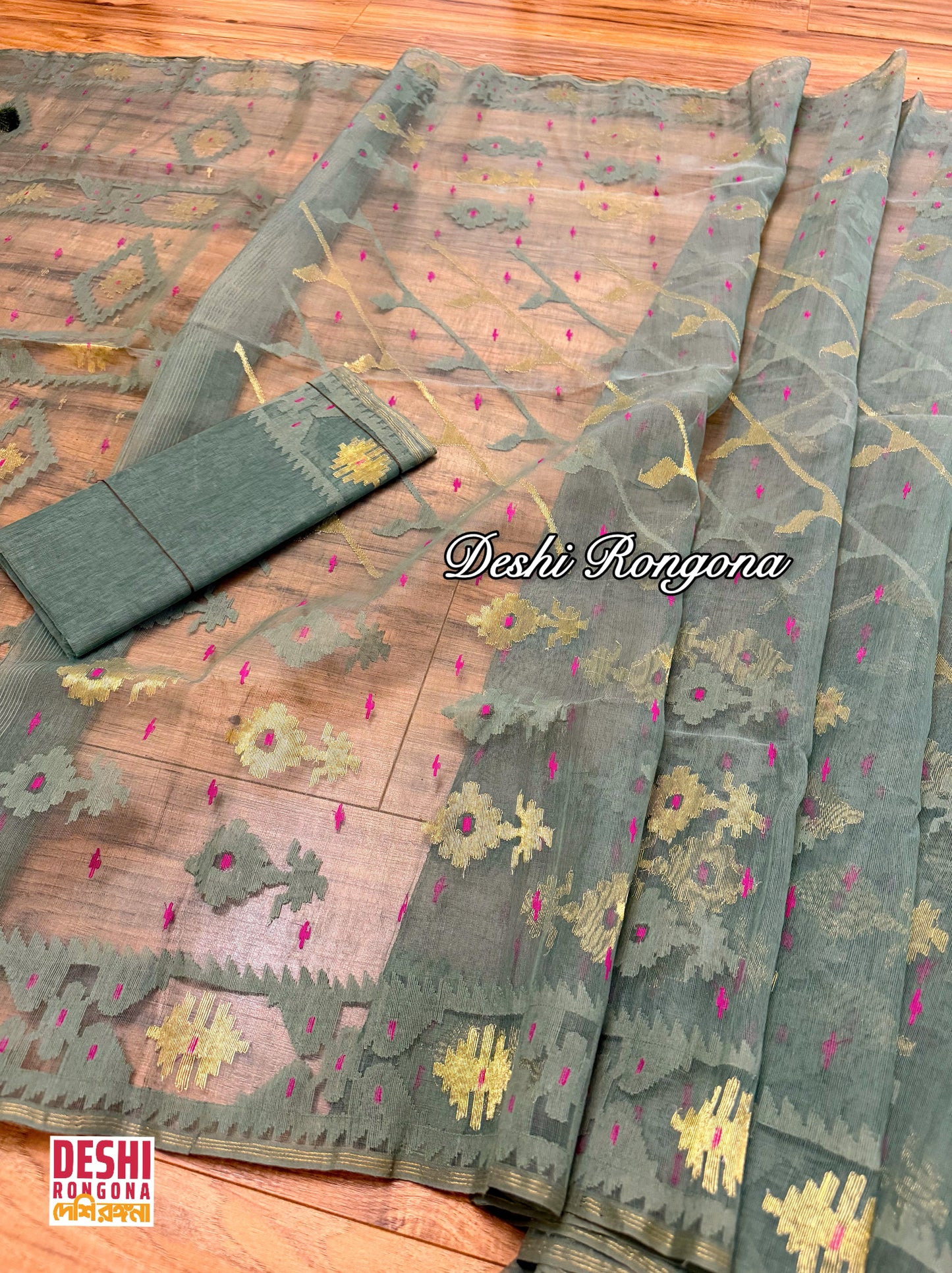 Elegant Sage Green Dhakai Jamdani Saree - Handloom Classic