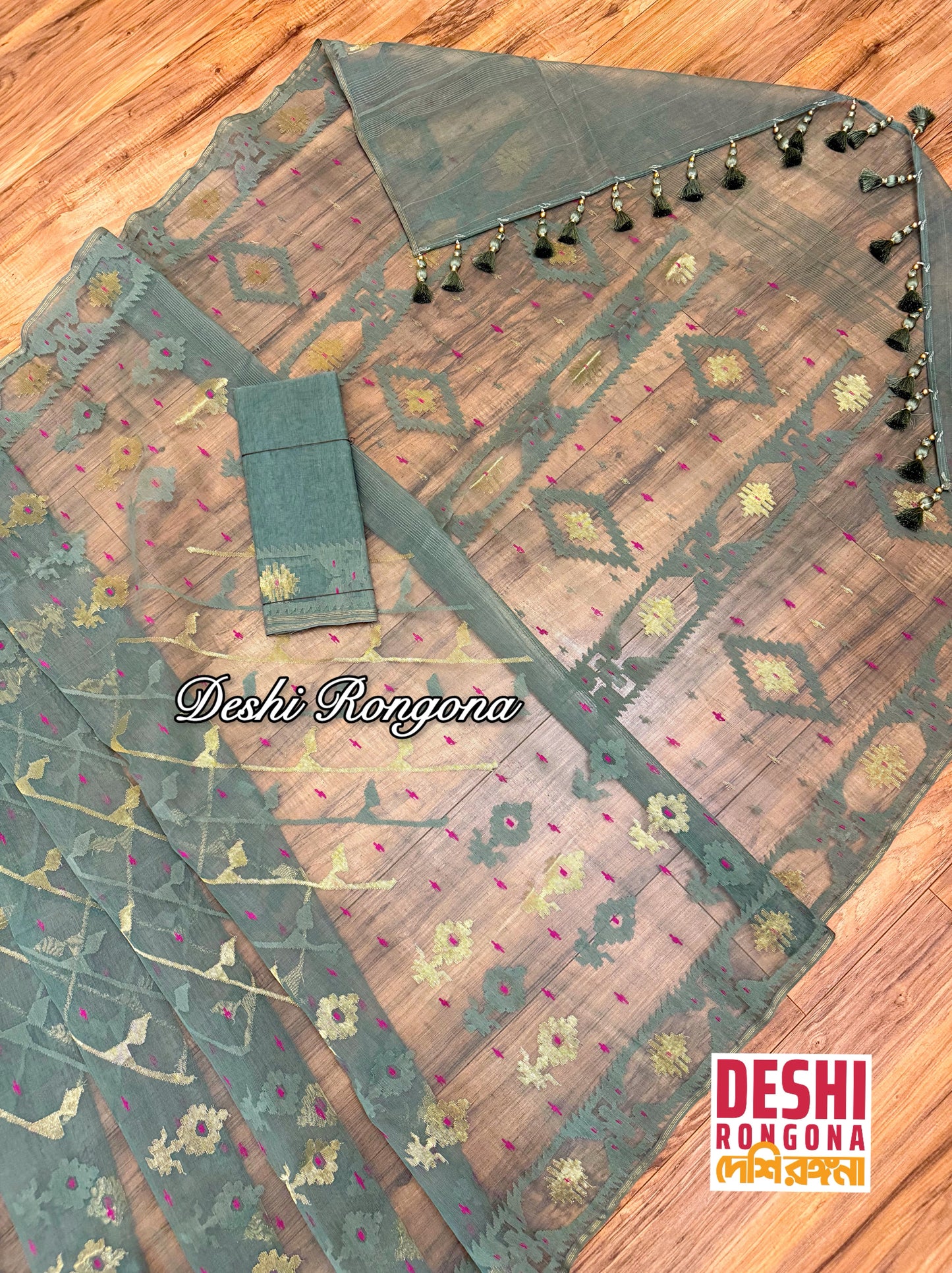 Elegant Sage Green Dhakai Jamdani Saree - Handloom Classic