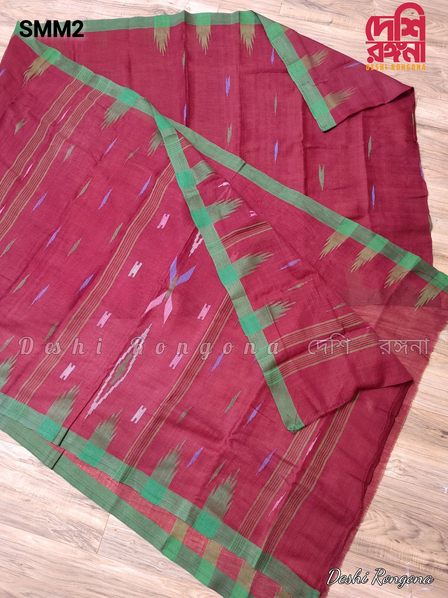 Sylheti Monipuri Handwoven Cotton Saree – Maroon & Green