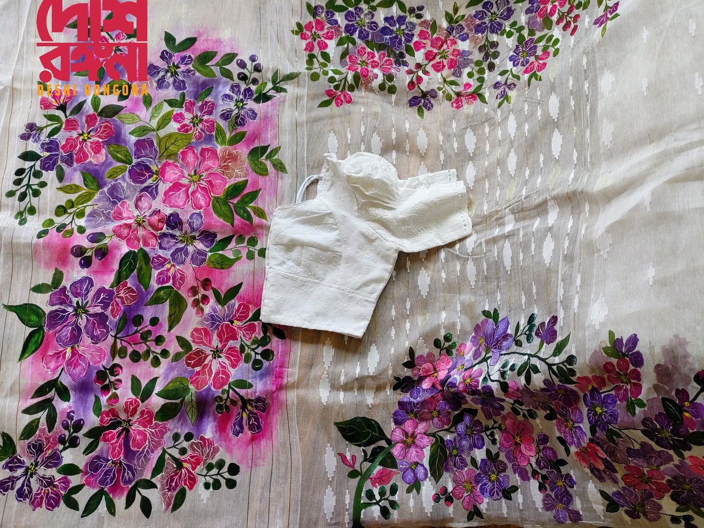 Handpainted Jamdani, Original Dhakai Saree | Queens Crepe Myrtle Flower Theme