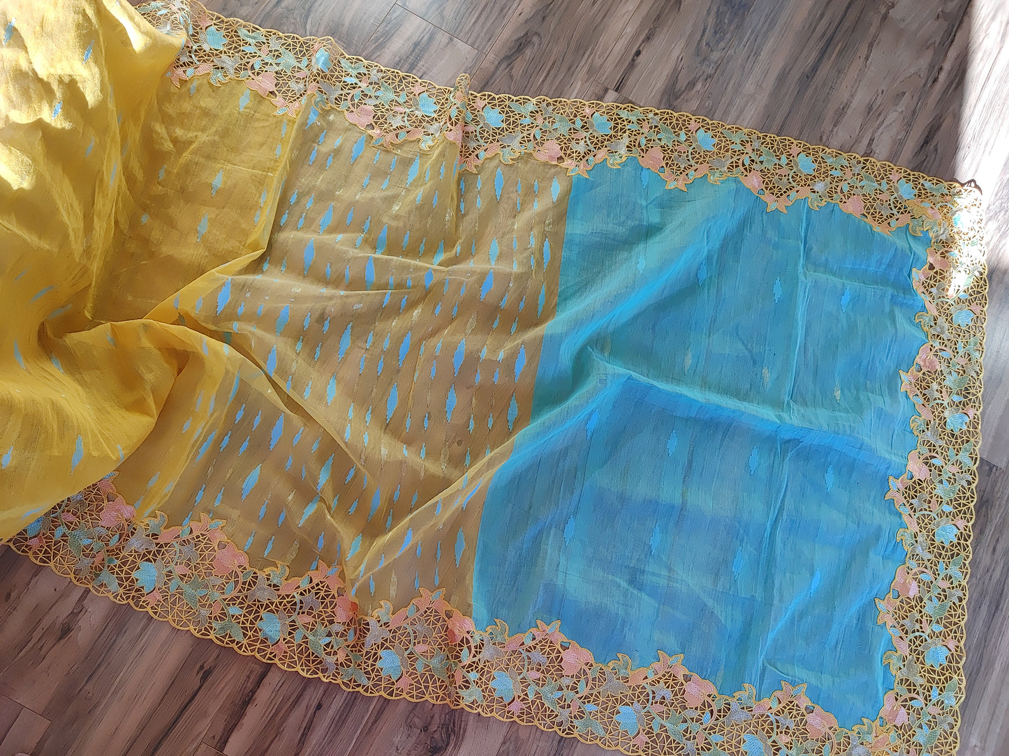 Yellow Original Dhakai Jamdani with Cutwork Embroidery