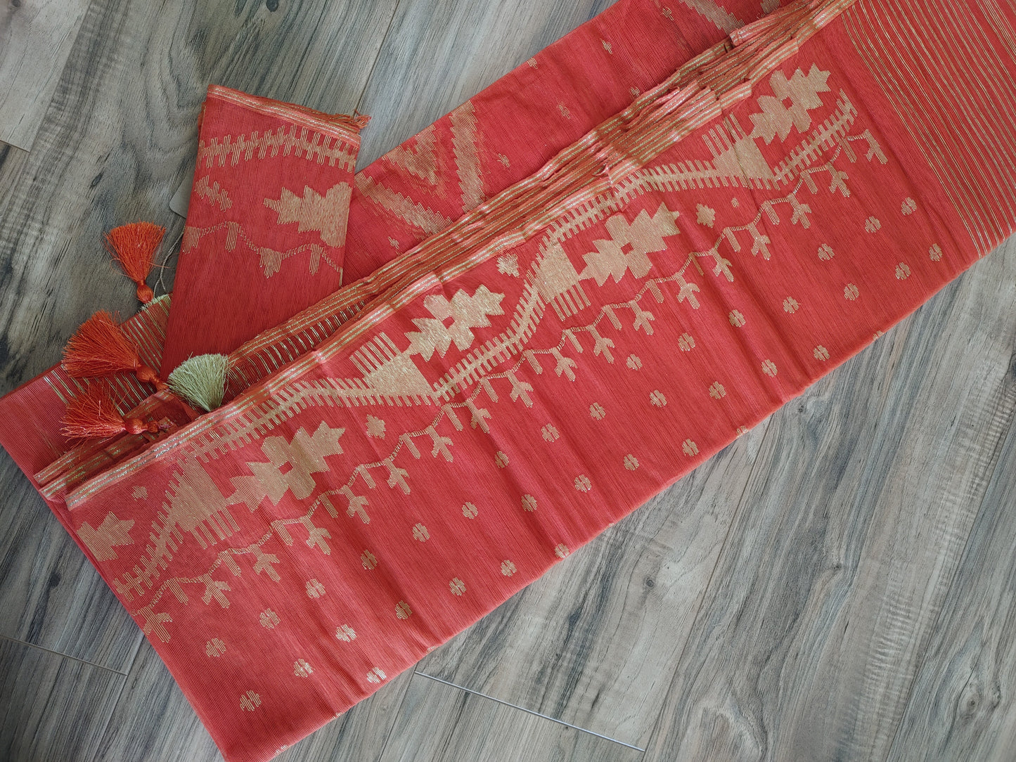Orange Dhakai Jamdani Saree - Handloom Classic