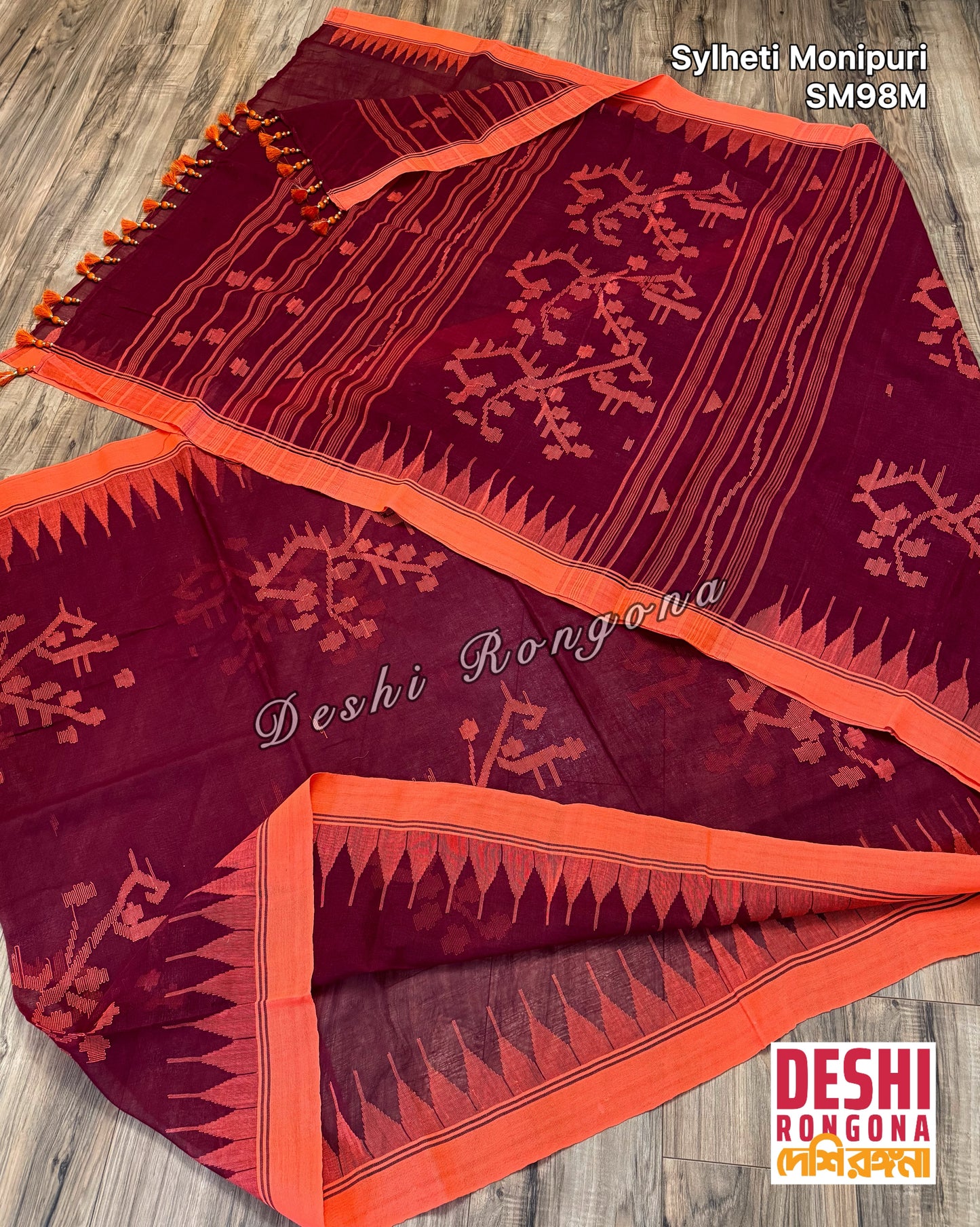 Monipuri Cotton saree, Maroon and Orange