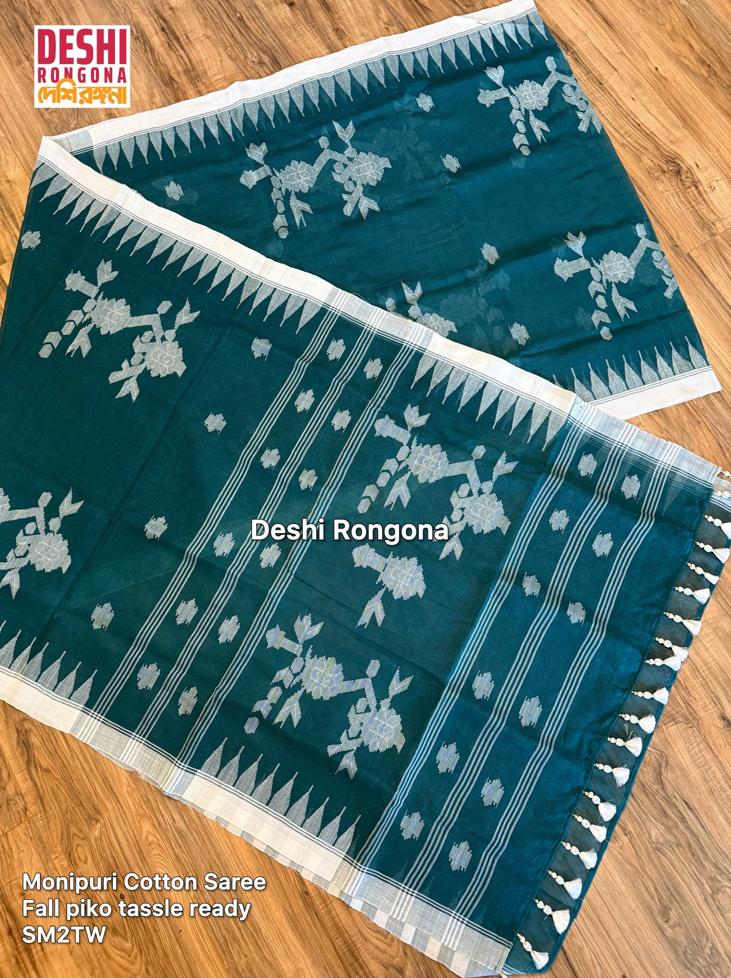 Monipuri Handwoven Cotton Saree – Teal & White