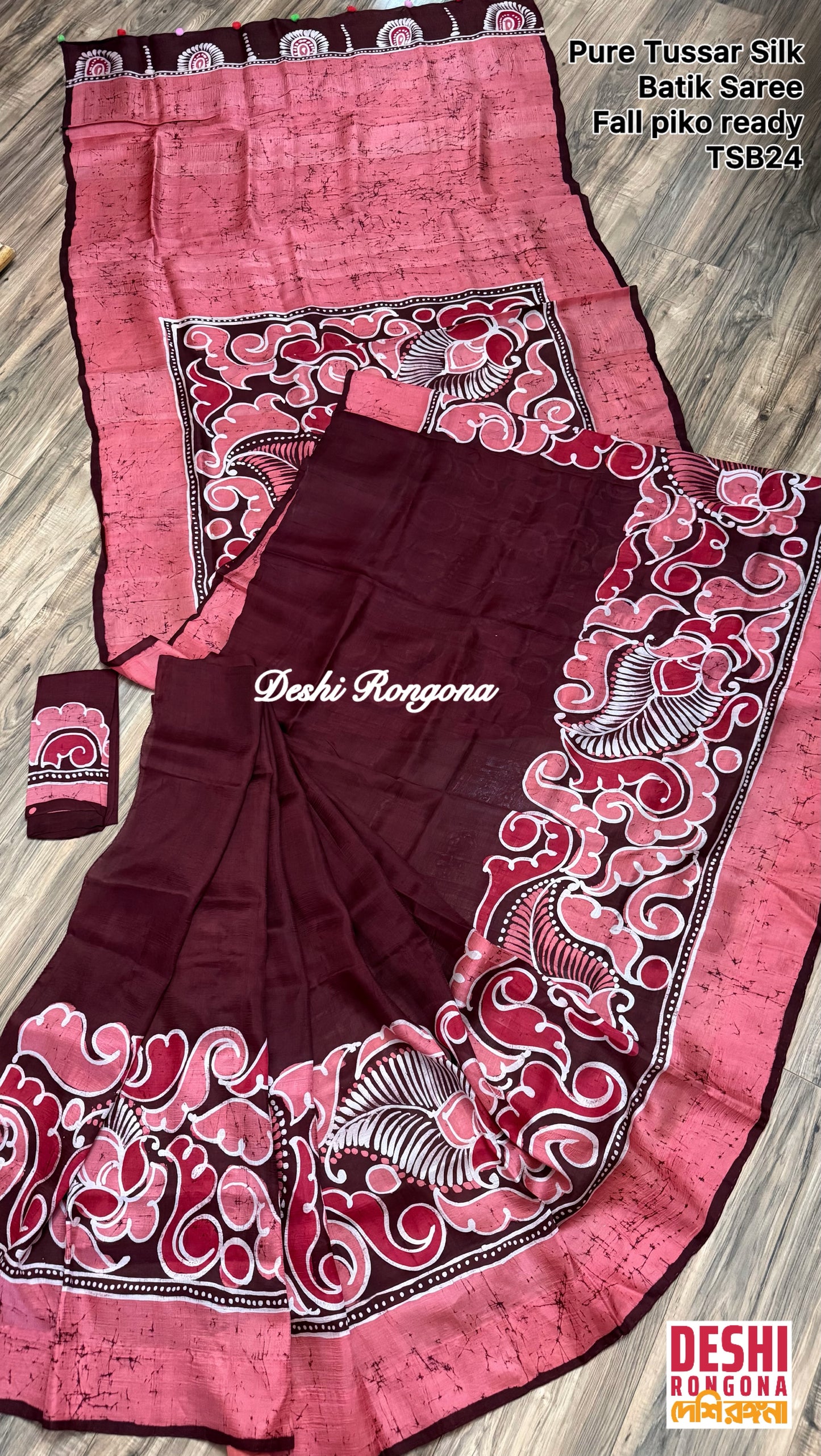 Pure Tussar Silk Hand Batik Saree - Maroon-Sweet Pink