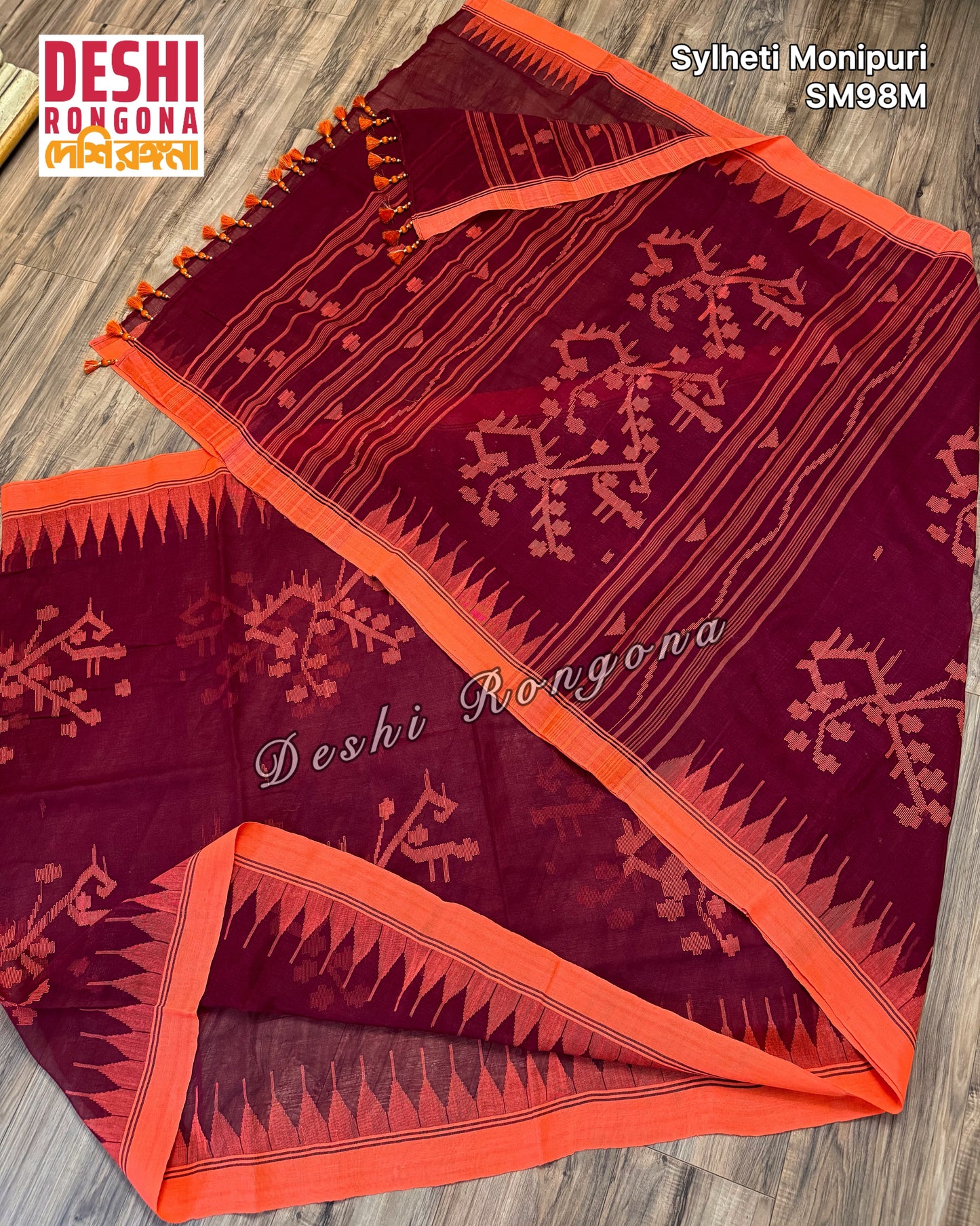 Monipuri Cotton saree, Maroon and Orange