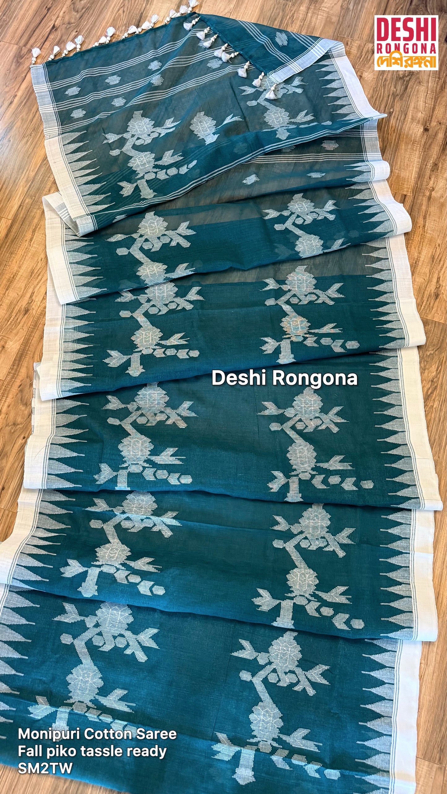 Monipuri Handwoven Cotton Saree – Teal & White
