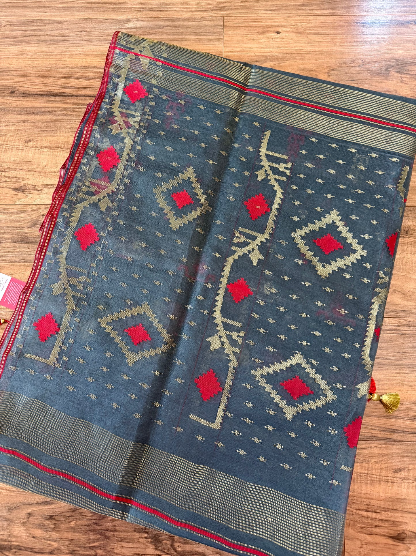 Gray Dhakai Jamdani Saree with Red and Zari work