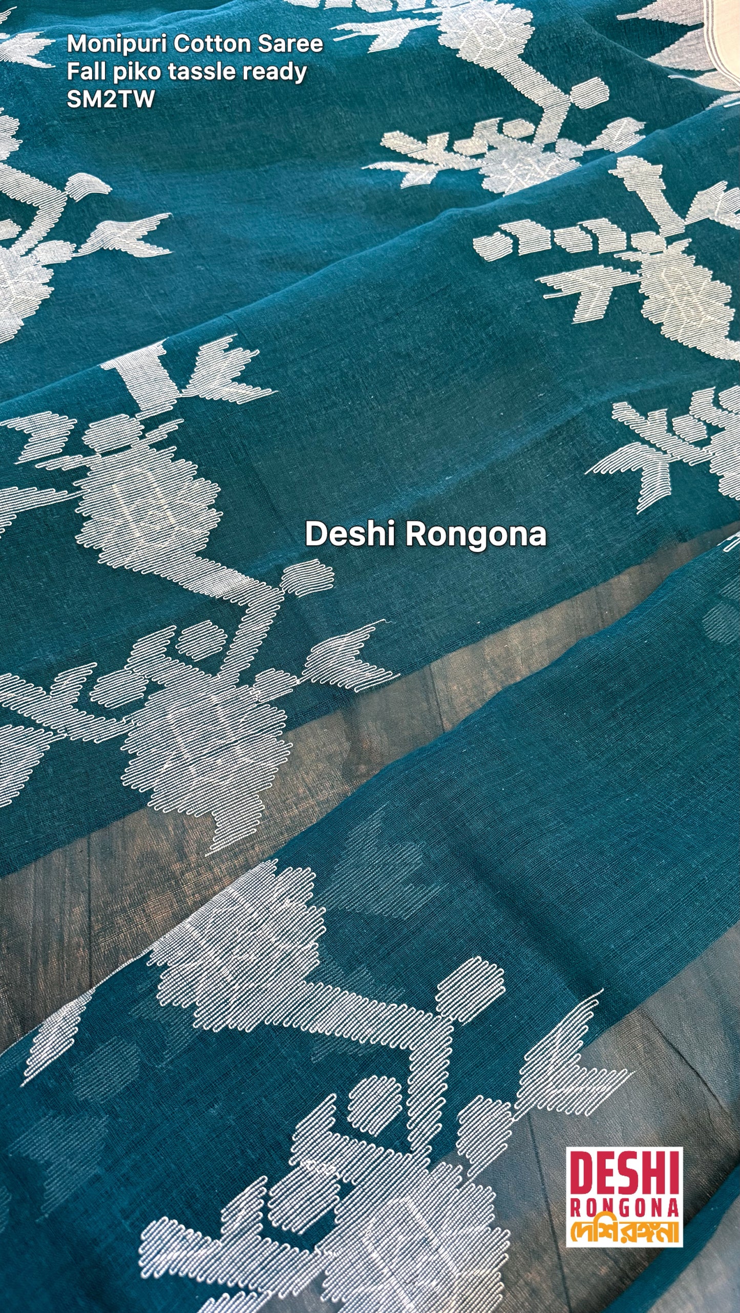 Monipuri Handwoven Cotton Saree – Teal & White