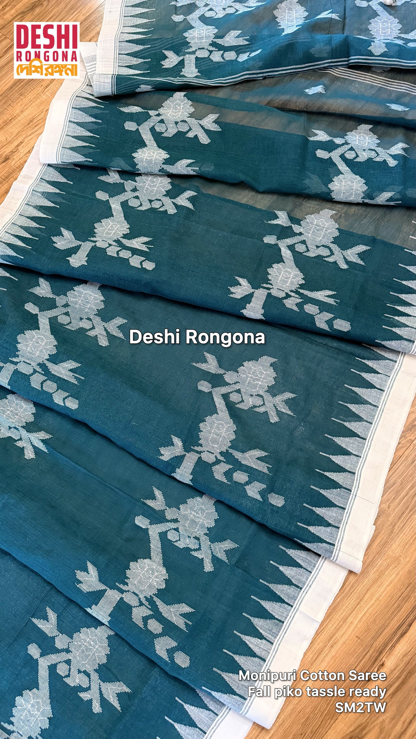 Monipuri Handwoven Cotton Saree – Teal & White