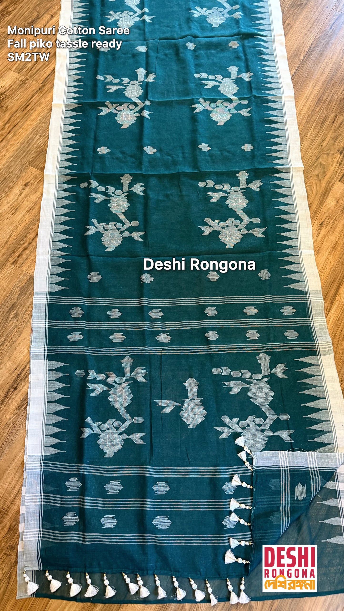 Monipuri Handwoven Cotton Saree – Teal & White