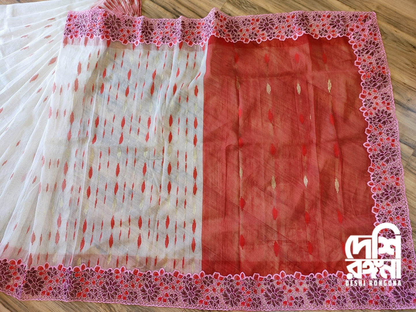 White-Red Cutwork Dhakai Jamdani – Designer Collection