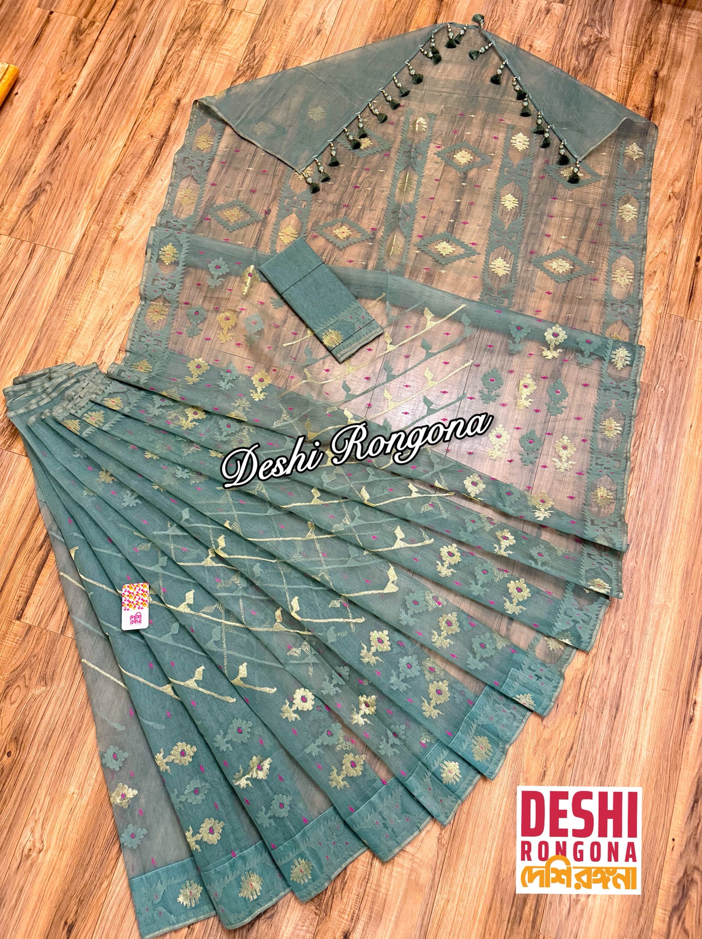 Elegant Sage Green Dhakai Jamdani Saree - Handloom Classic