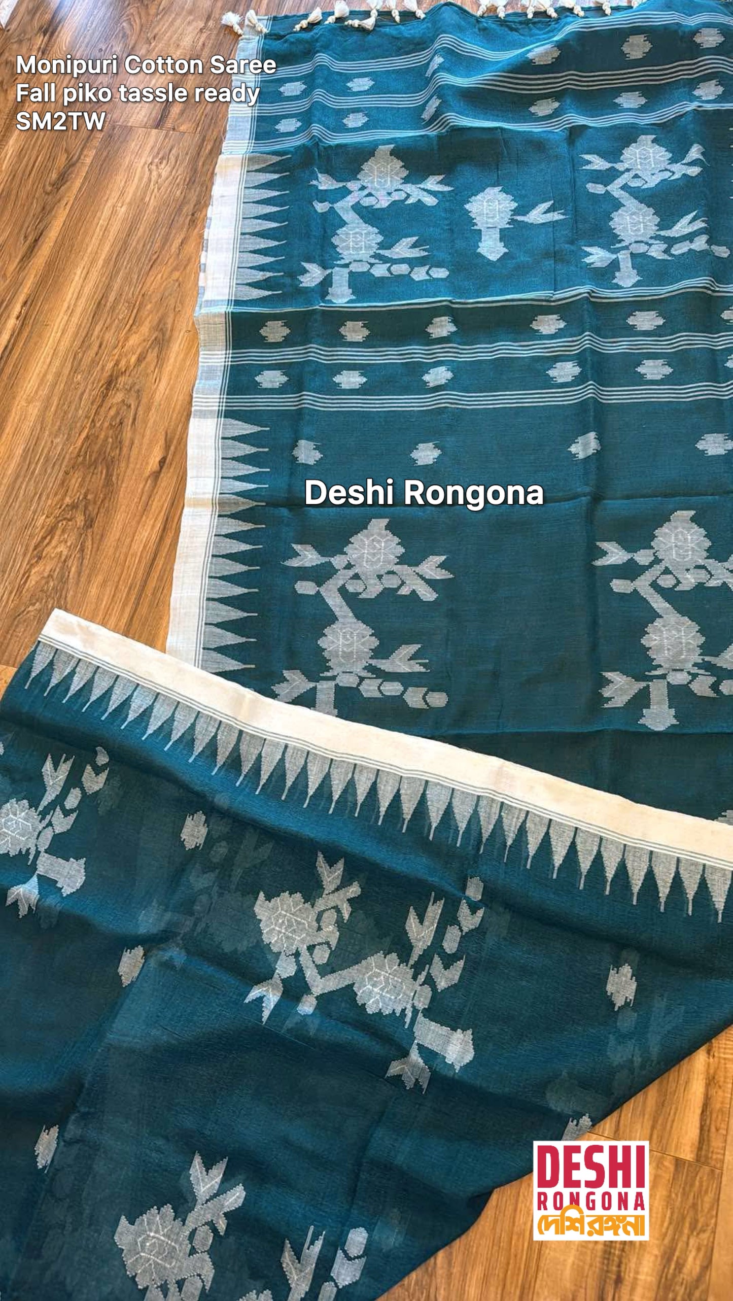 Monipuri Handwoven Cotton Saree – Teal & White
