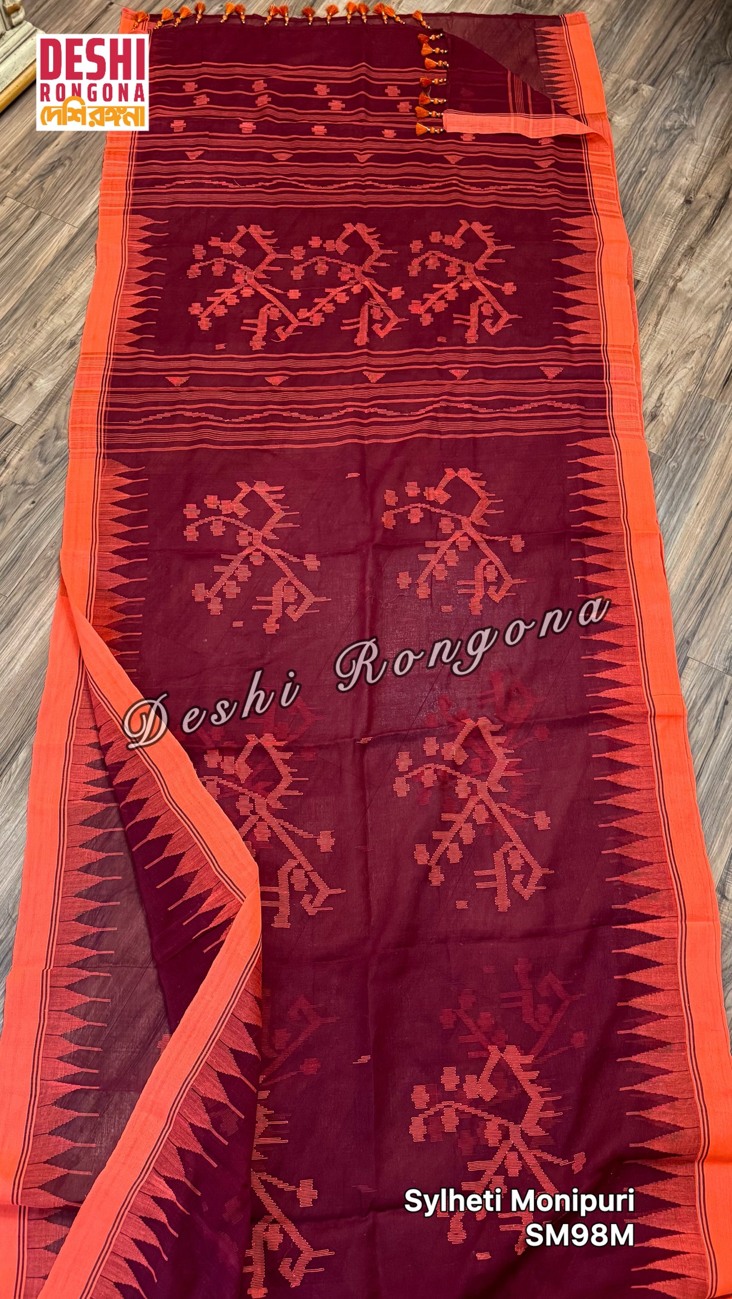 Monipuri Cotton saree, Maroon and Orange