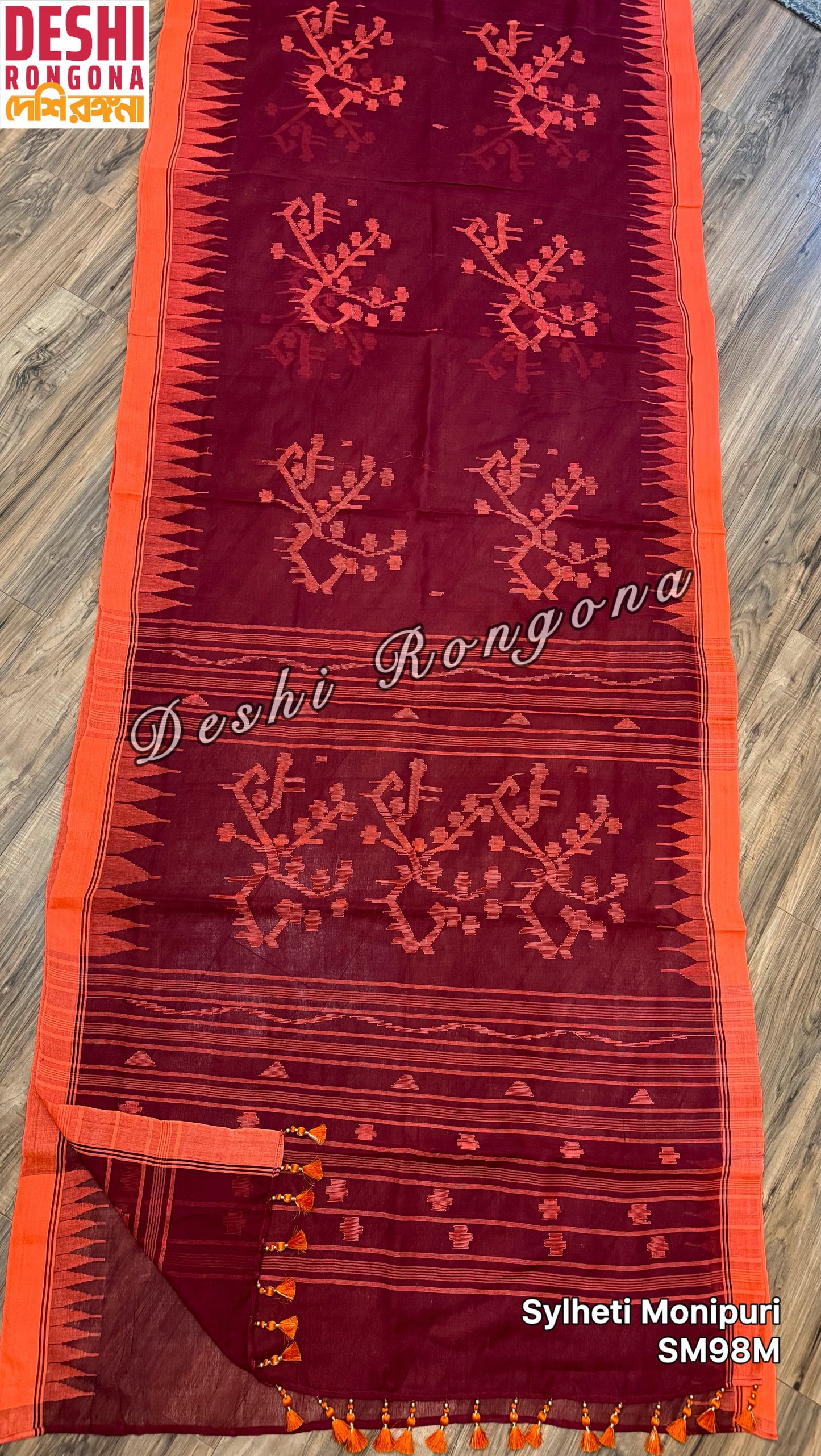 Monipuri Cotton saree, Maroon and Orange