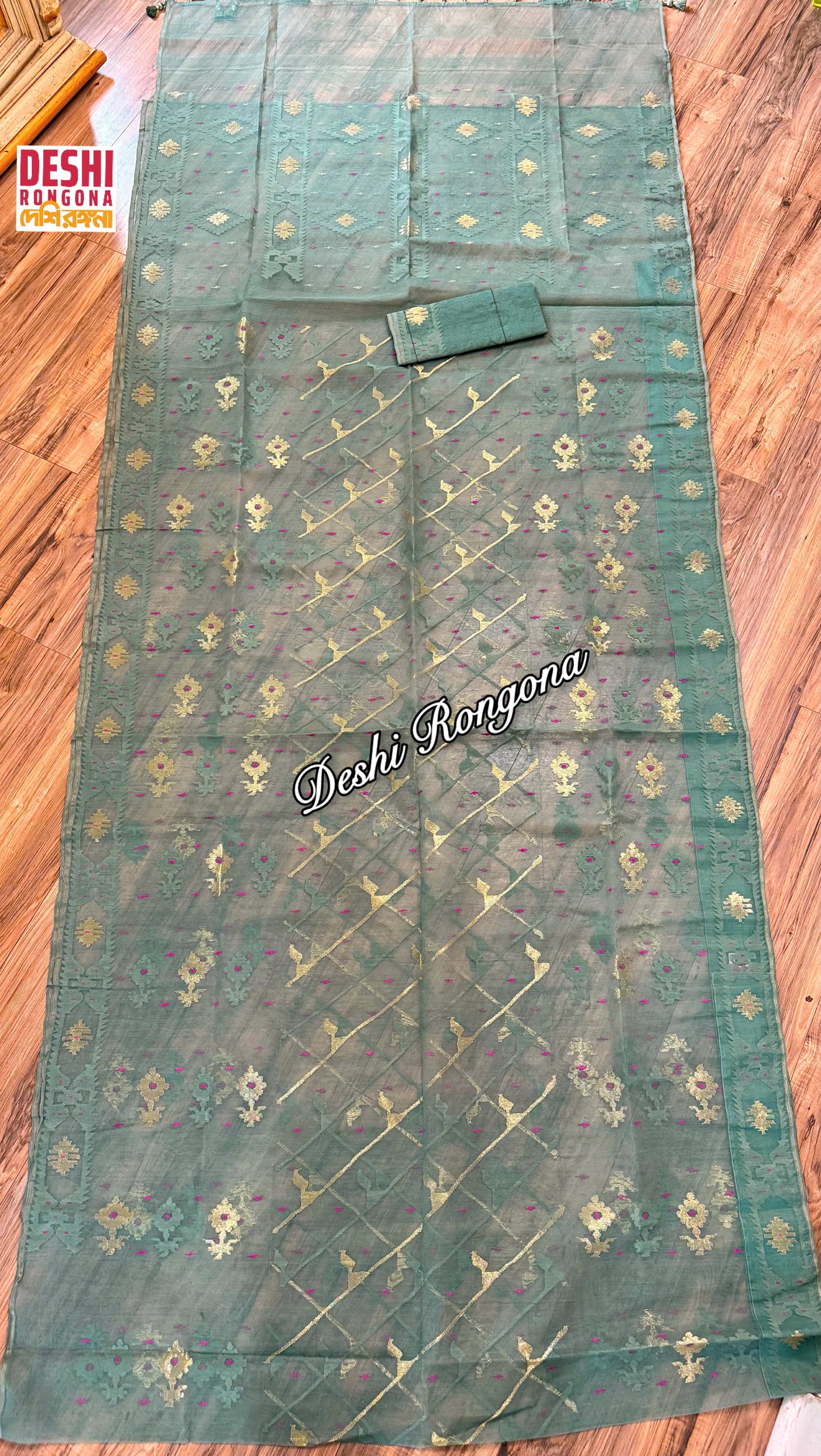 Elegant Sage Green Dhakai Jamdani Saree - Handloom Classic