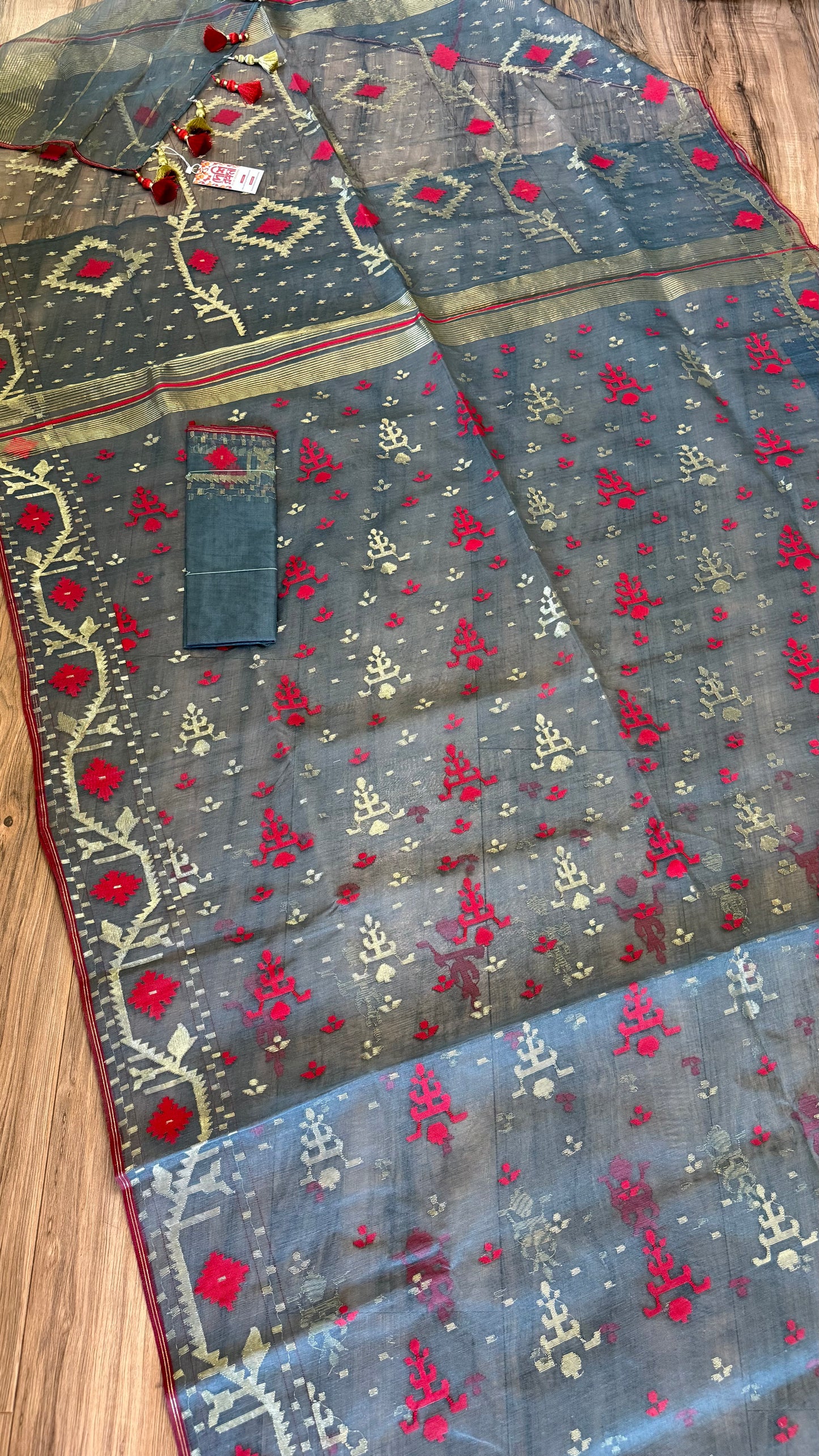 Gray Dhakai Jamdani Saree with Red and Zari work
