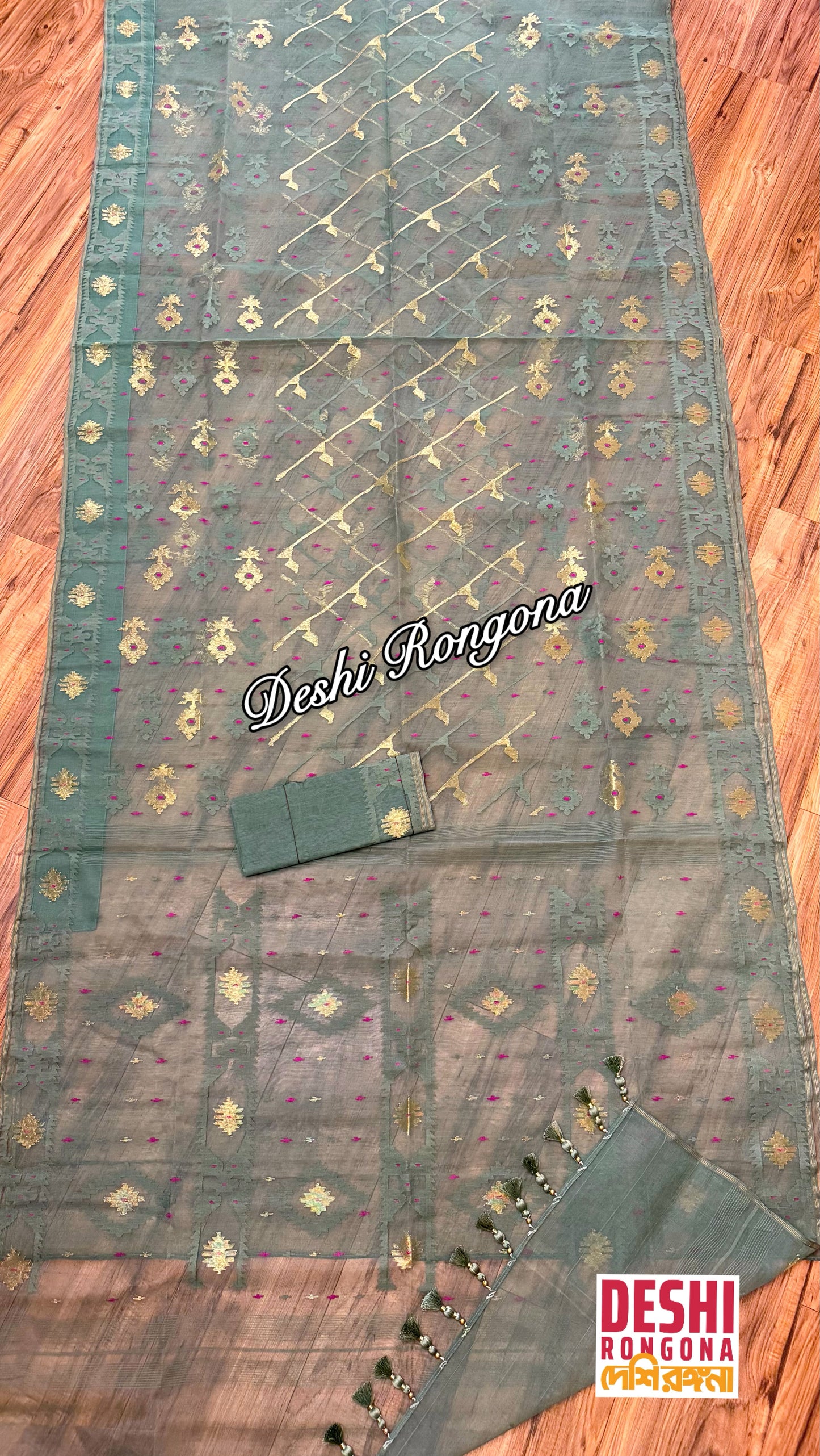 Elegant Sage Green Dhakai Jamdani Saree - Handloom Classic