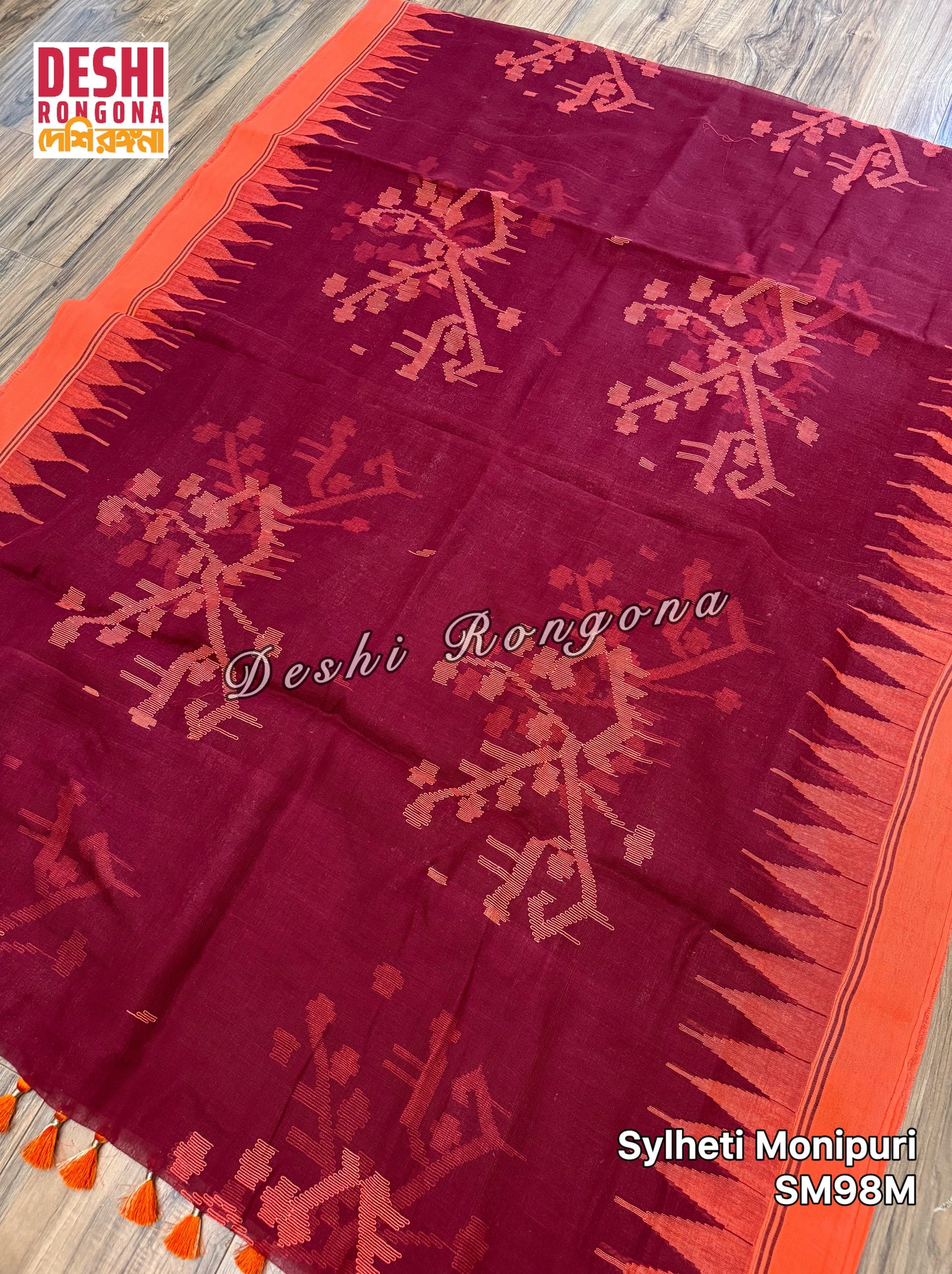 Monipuri Cotton saree, Maroon and Orange