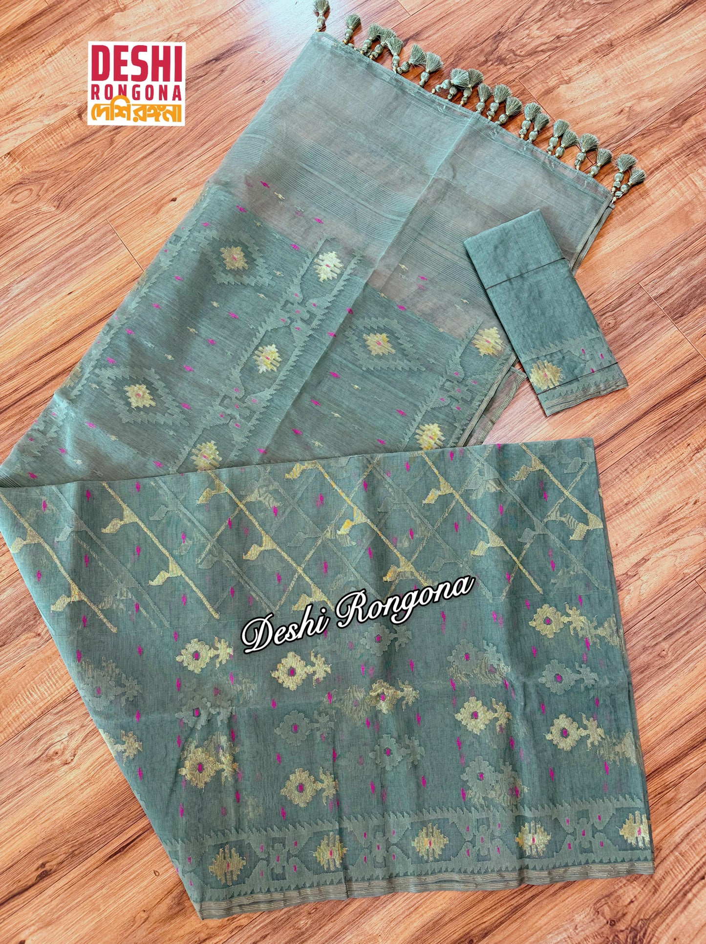 Elegant Sage Green Dhakai Jamdani Saree - Handloom Classic