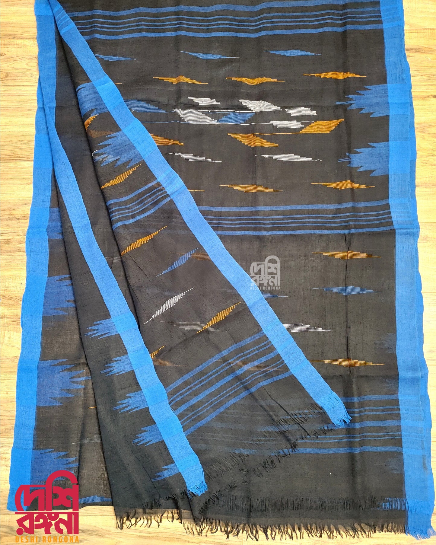 Sylheti Monipuri Cotton Saree – Black & Blue Handwoven