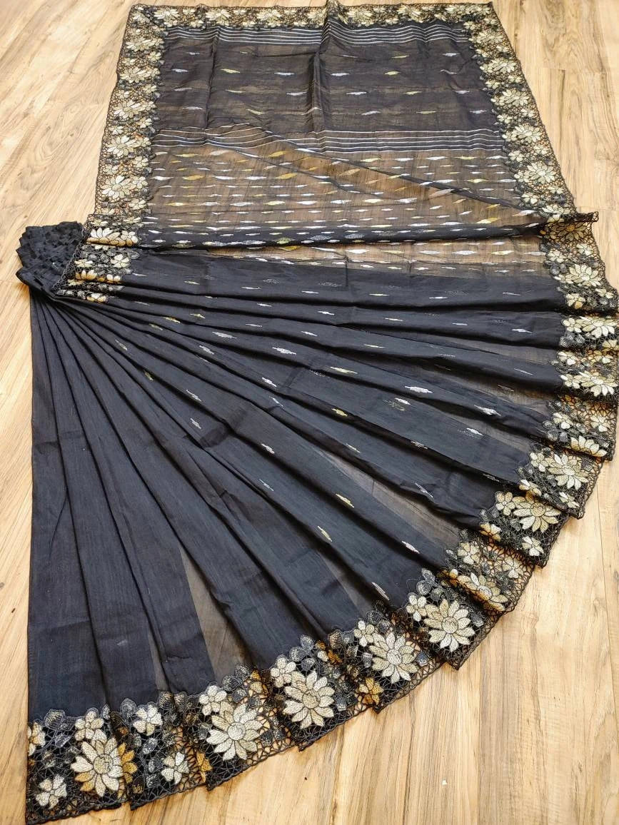 Elegant Black & Gold Dhakai Jamdani Cutwork
