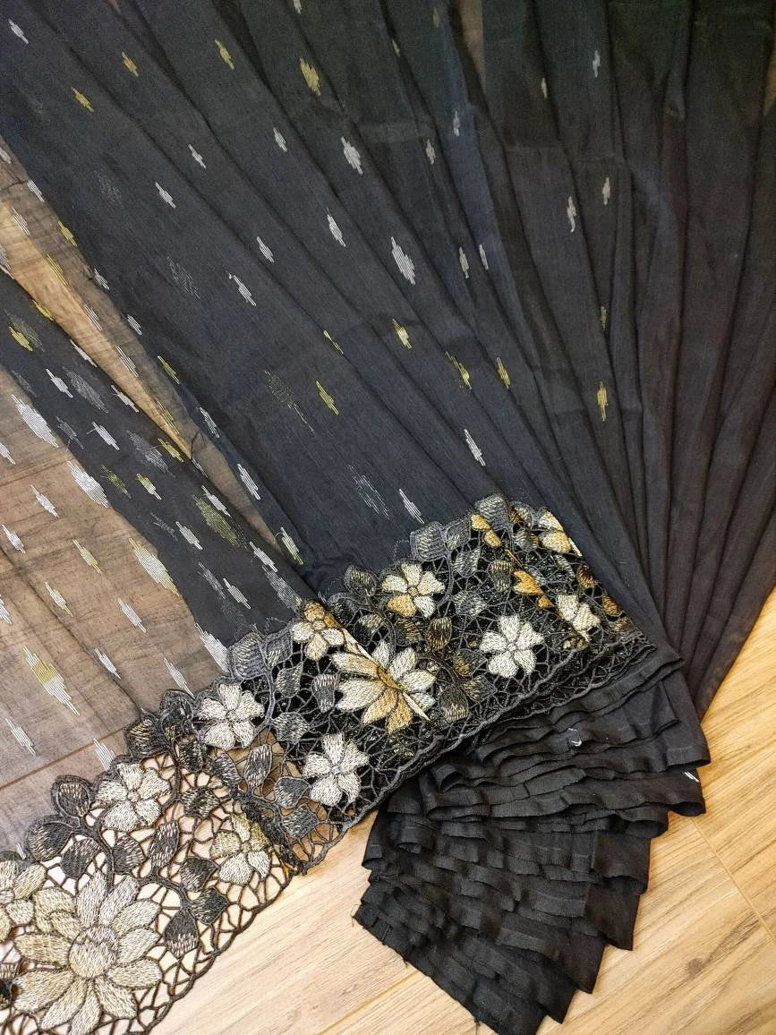 Elegant Black & Gold Dhakai Jamdani Cutwork