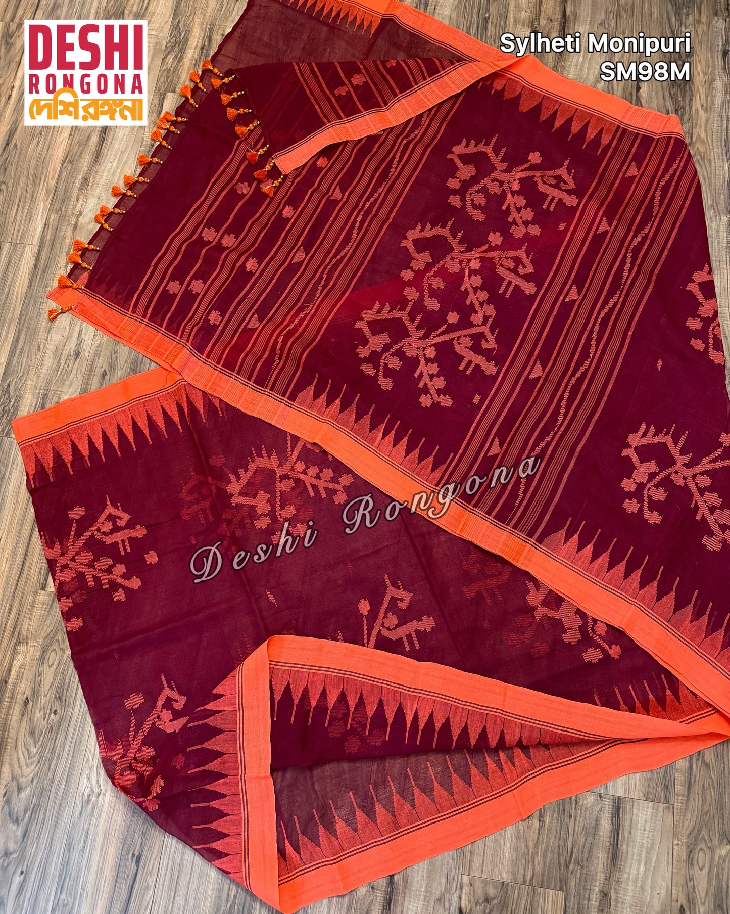 Monipuri Cotton saree, Maroon and Orange