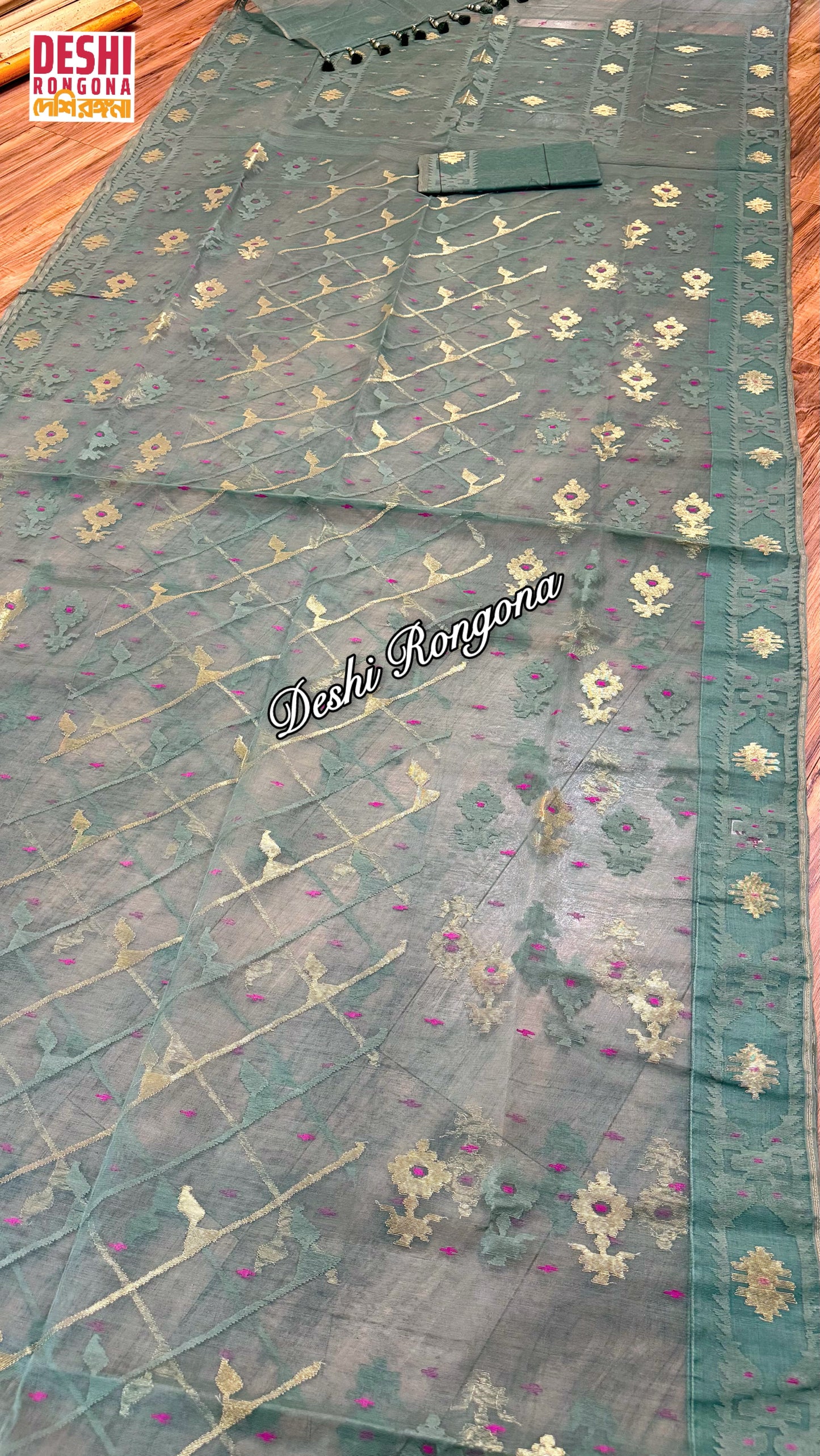 Elegant Sage Green Dhakai Jamdani Saree - Handloom Classic