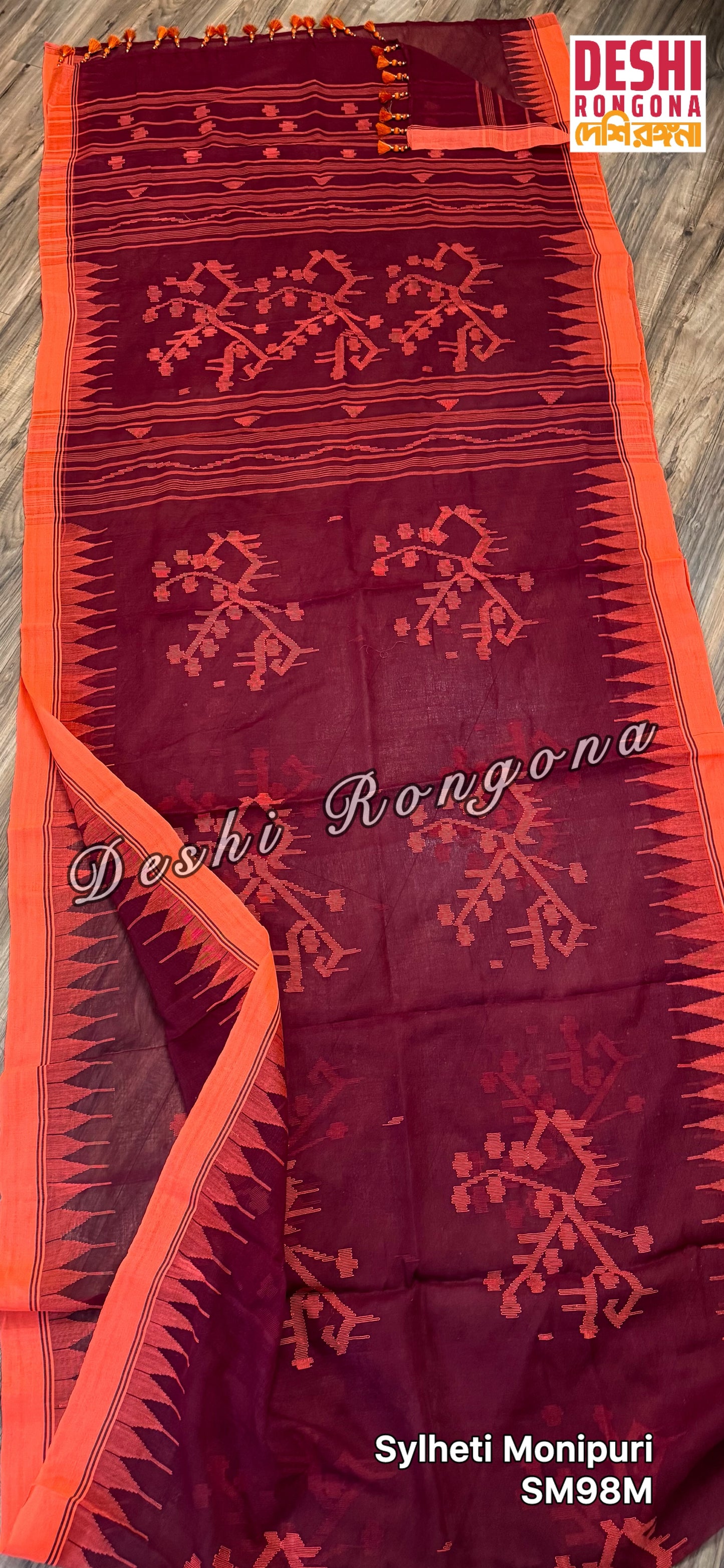 Monipuri Cotton saree, Maroon and Orange