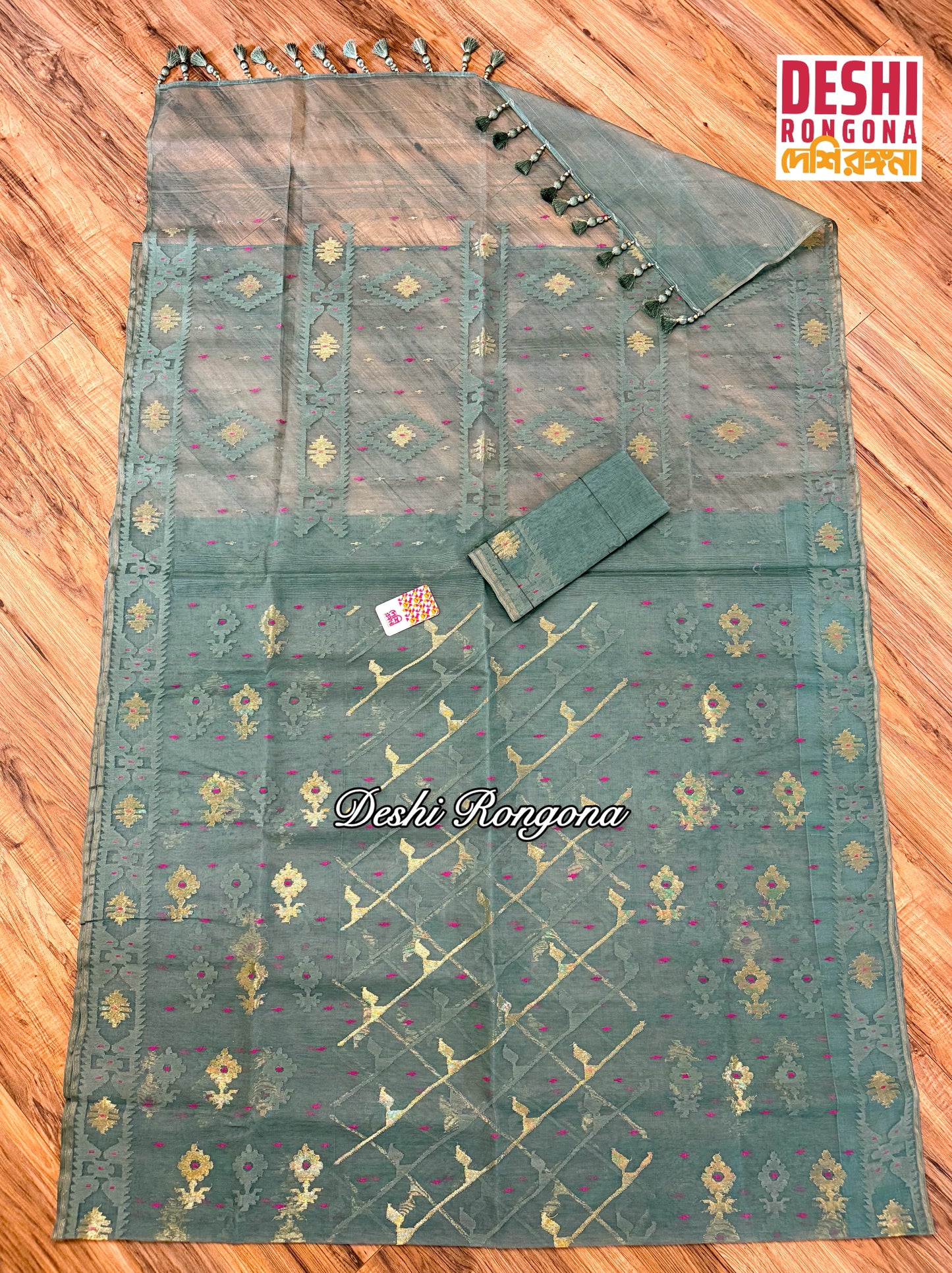 Elegant Sage Green Dhakai Jamdani Saree - Handloom Classic