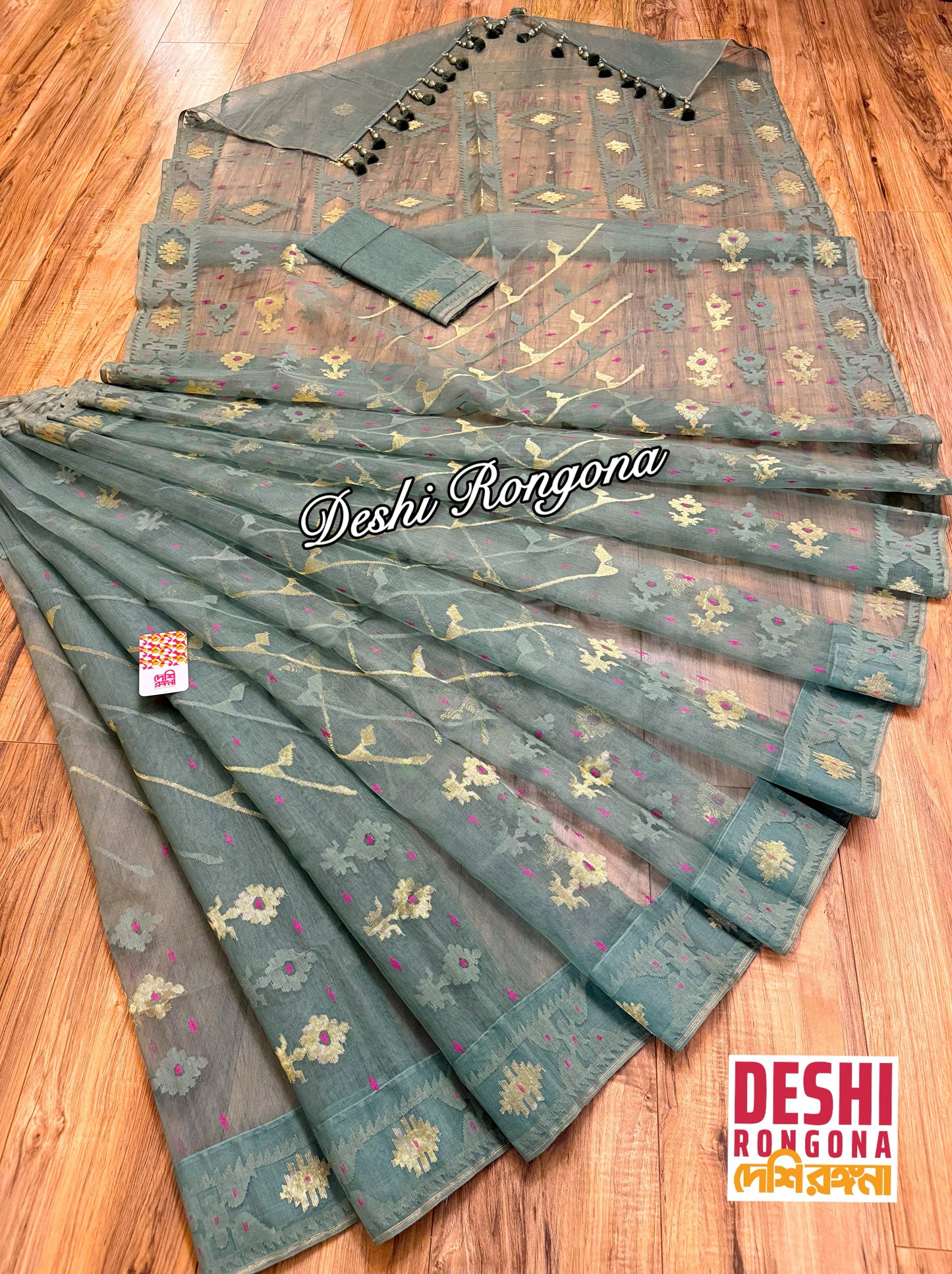 Elegant Sage Green Dhakai Jamdani Saree - Handloom Classic