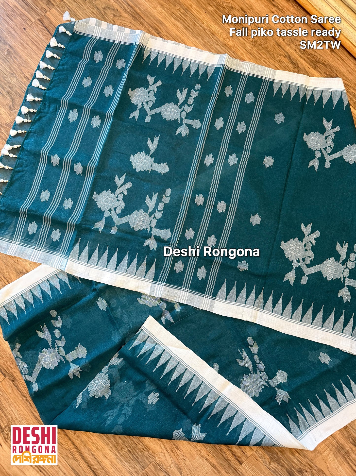 Monipuri Handwoven Cotton Saree – Teal & White
