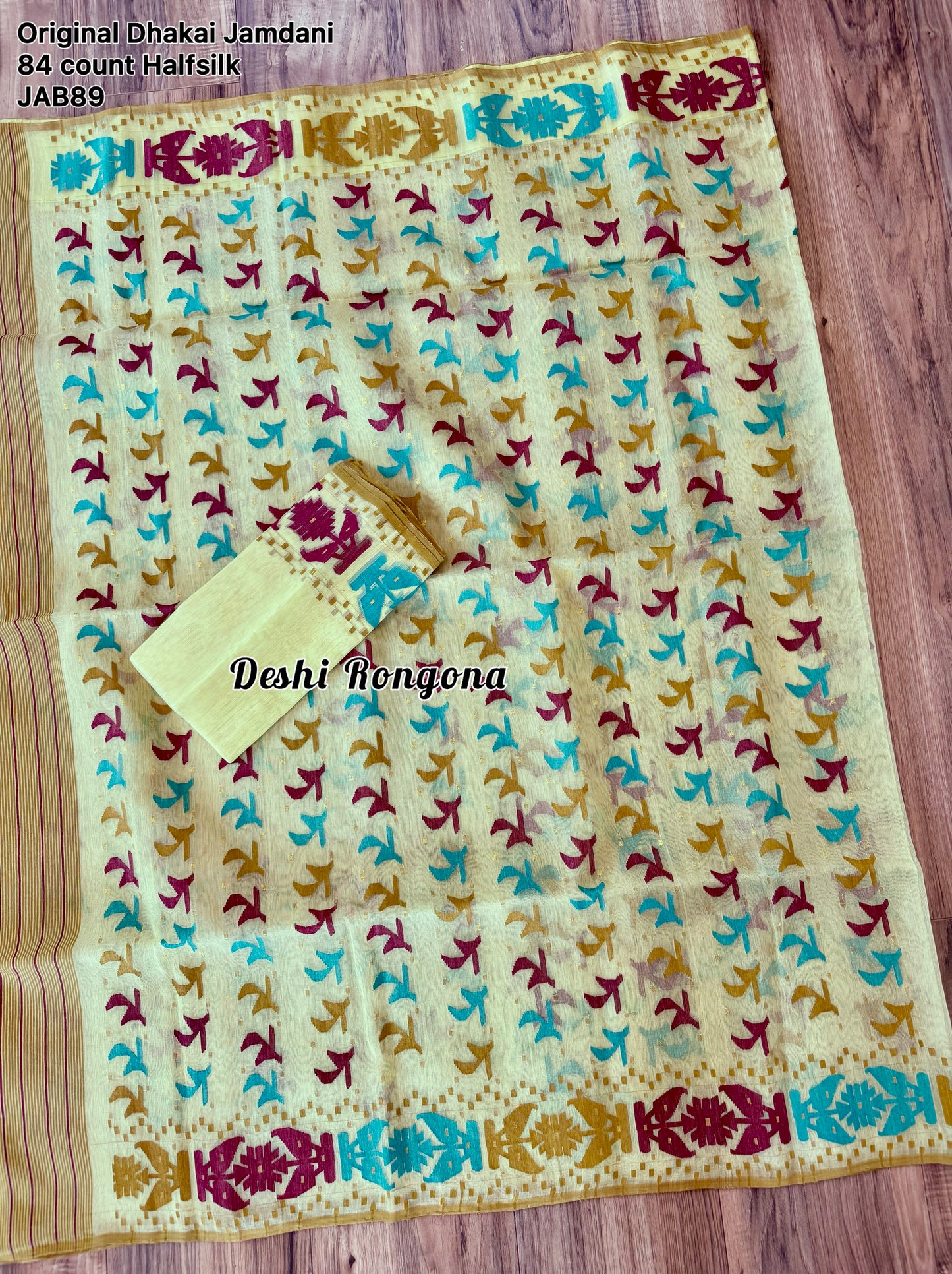 Elegant Dhakai Jamdani Saree - Cream Kiwi