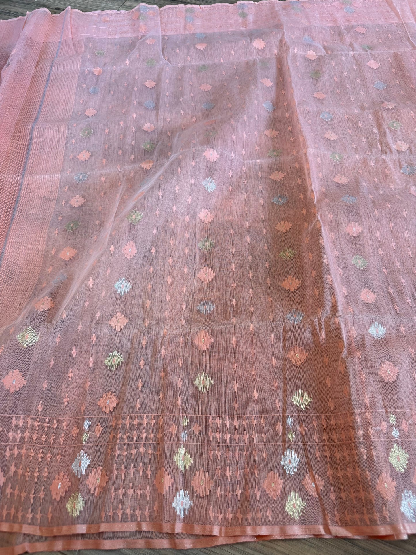 Handwoven Dhakai Jamdani Saree – Peach Halfsilk