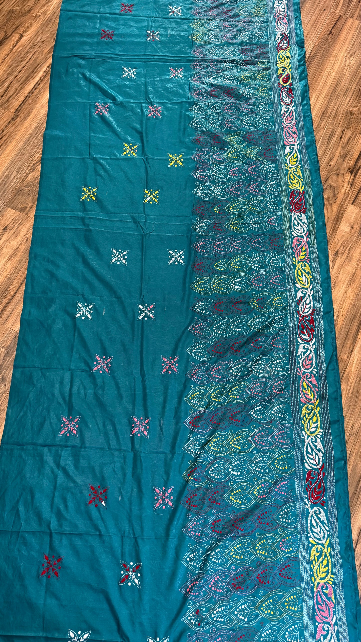 Sea green Bangalore Silk Kantha Saree