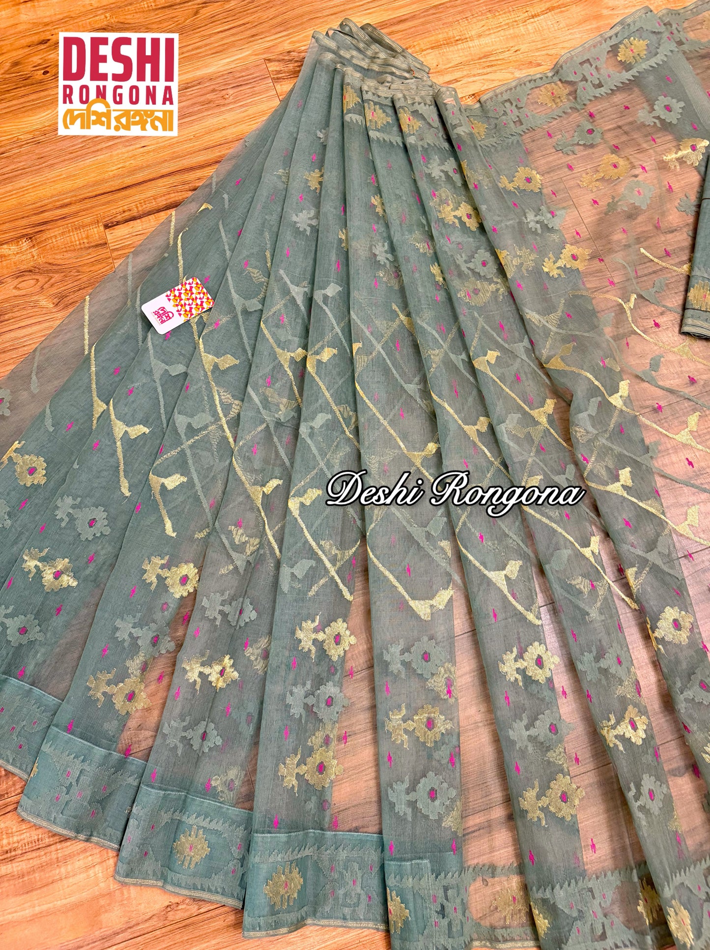 Elegant Sage Green Dhakai Jamdani Saree - Handloom Classic