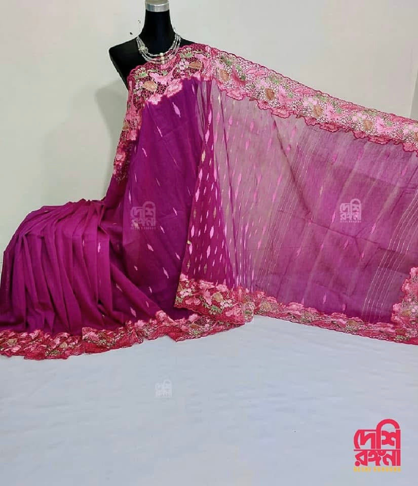 Cutwork Dhakai Jamdani – Hand Embroidered - Jam Magenta