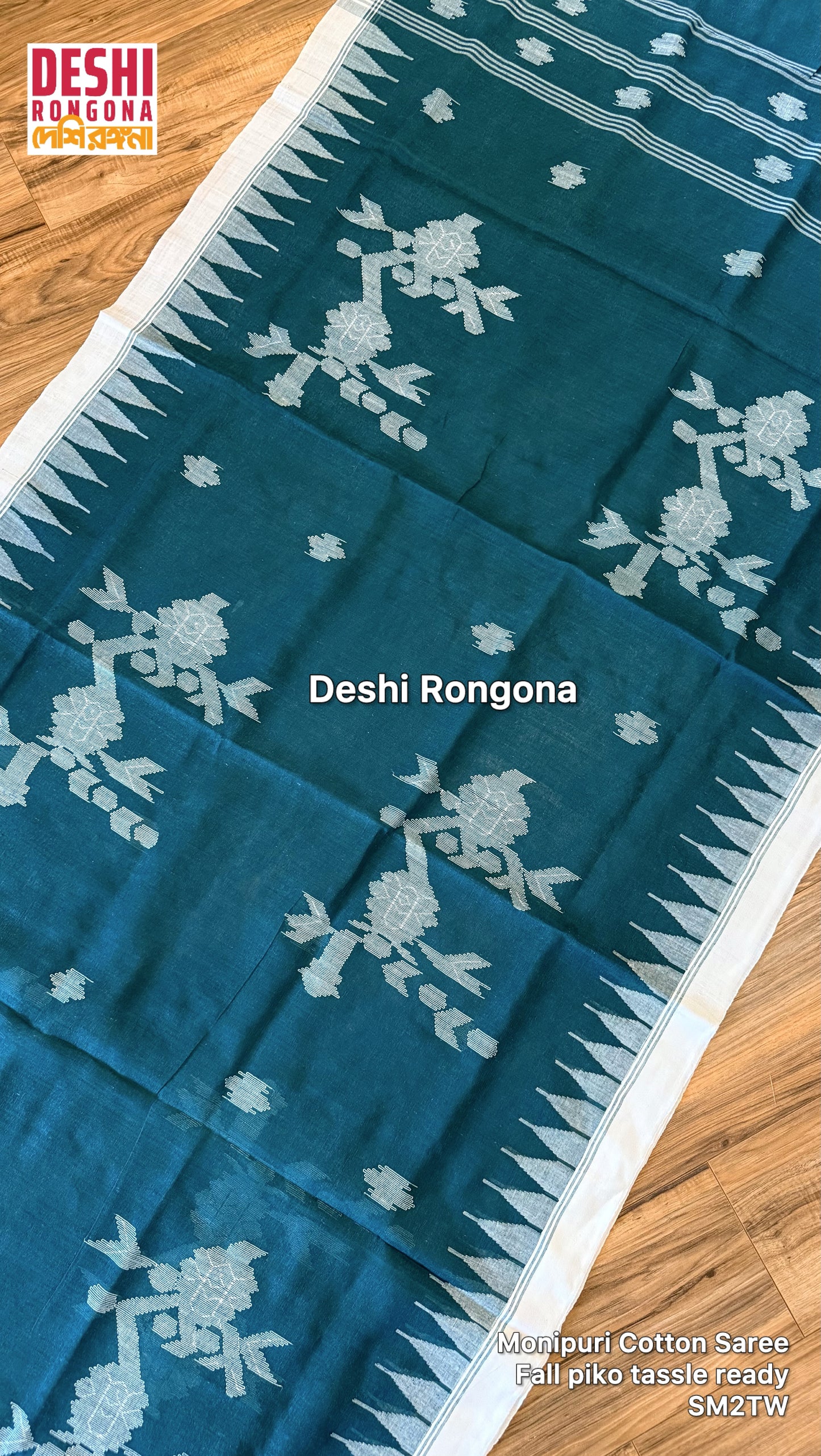 Monipuri Handwoven Cotton Saree – Teal & White
