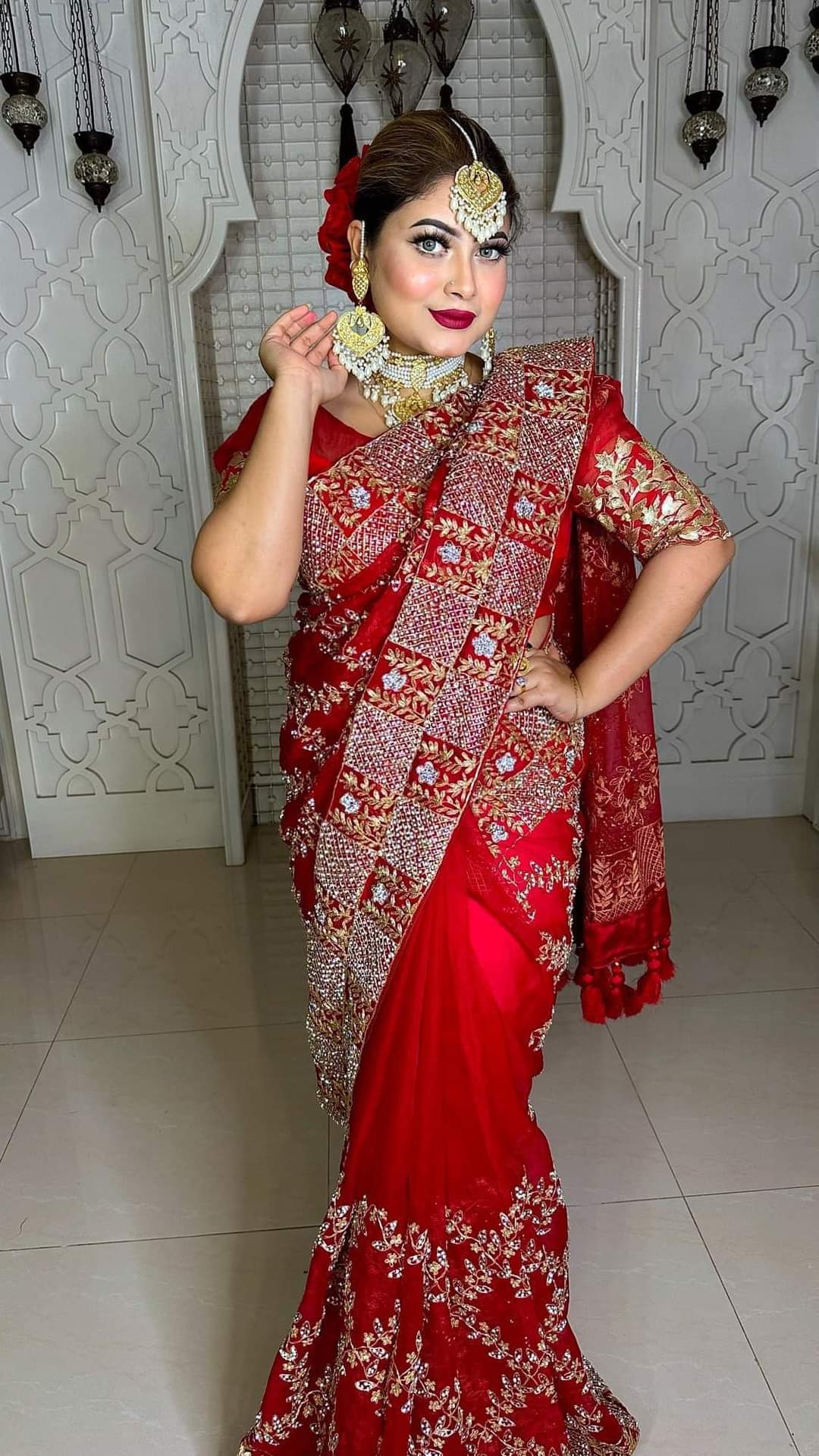 Original Moslin Handmade Karchupri work Saree, Bridal Red