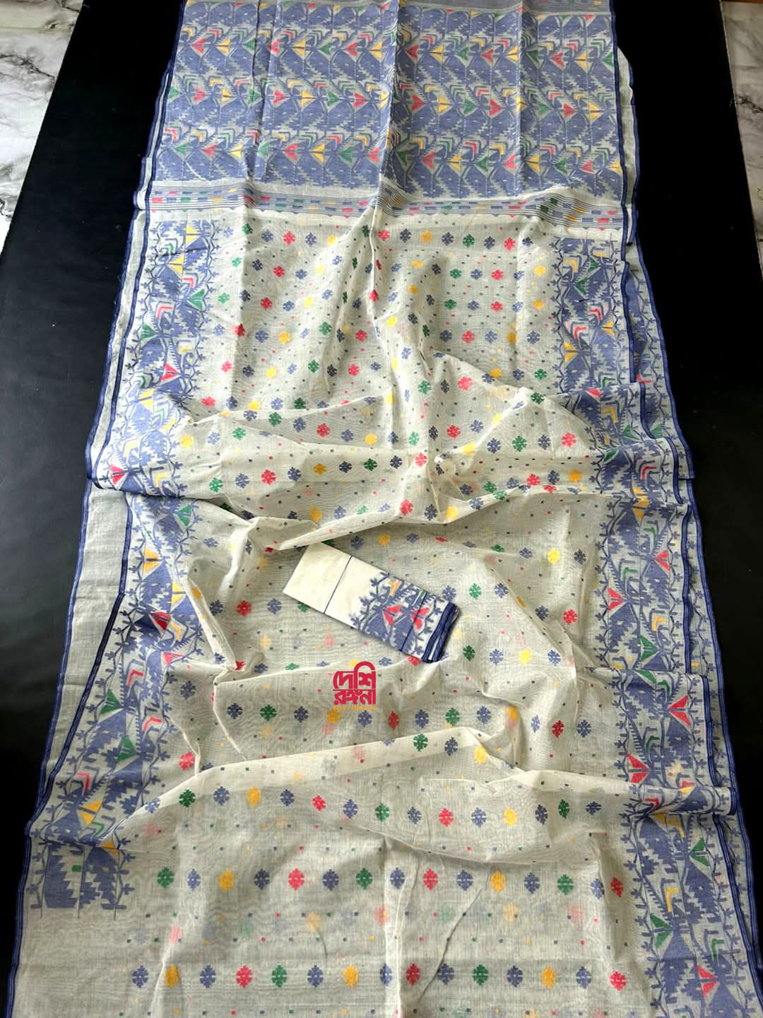 Elegant Pure Cotton Dhakai Jamdani Saree - Off White