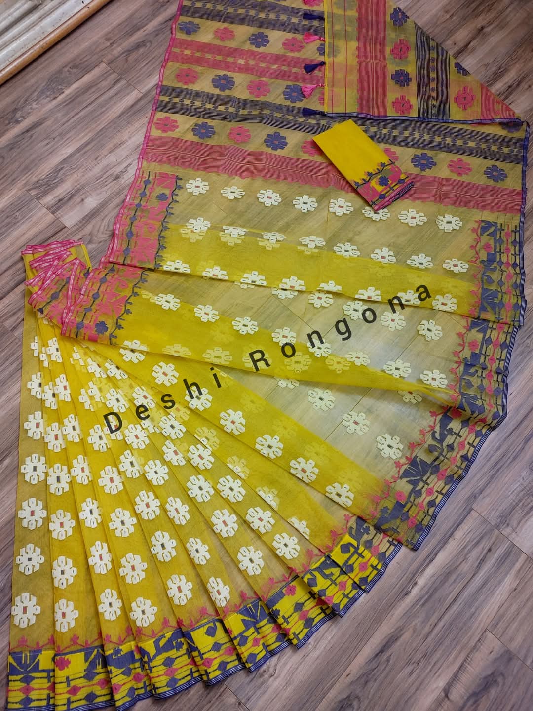 Original Dhakai Jamdani Saree, Yellow with Magenta, Blue, white work allover, Handwoven Halfsilk, Soft 84 count, Traditional Elegant, Classy