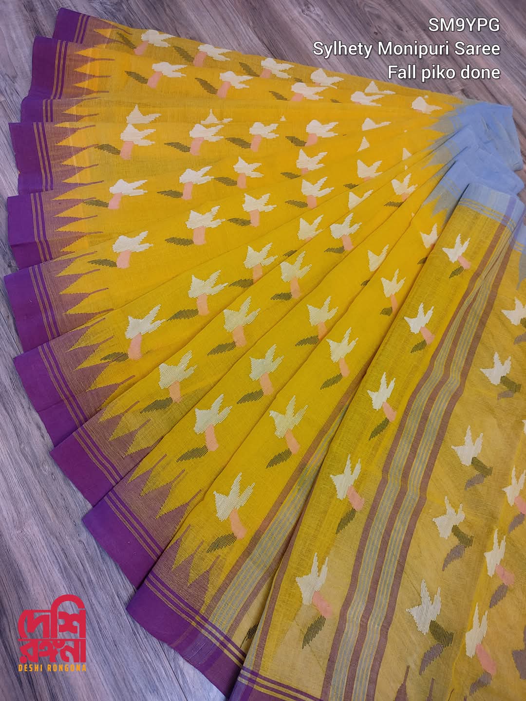 Yellow Sylheti Monipuri Cotton Saree with Purple & Gray Border