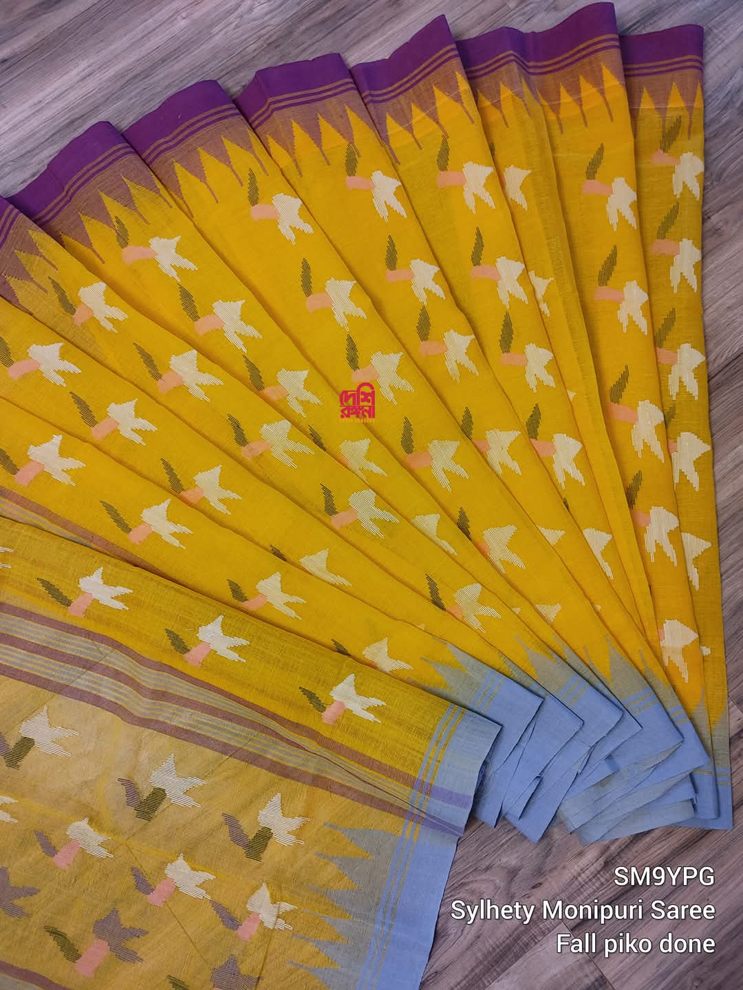 Yellow Sylheti Monipuri Cotton Saree with Purple & Gray Border