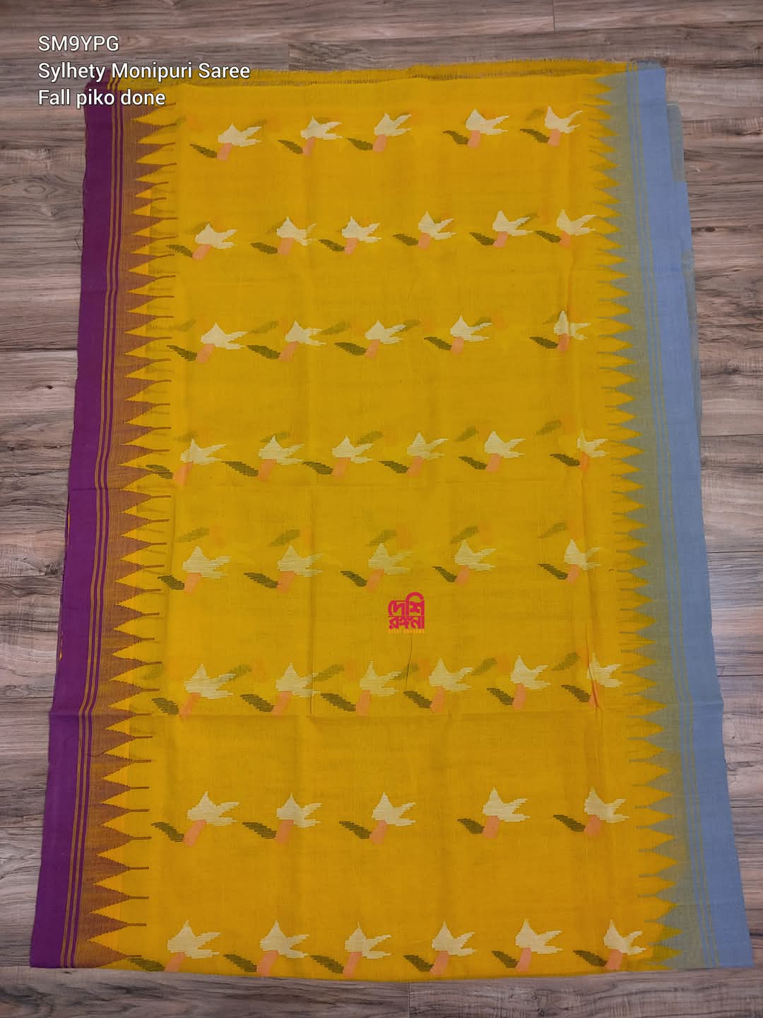 Yellow Sylheti Monipuri Cotton Saree with Purple & Gray Border