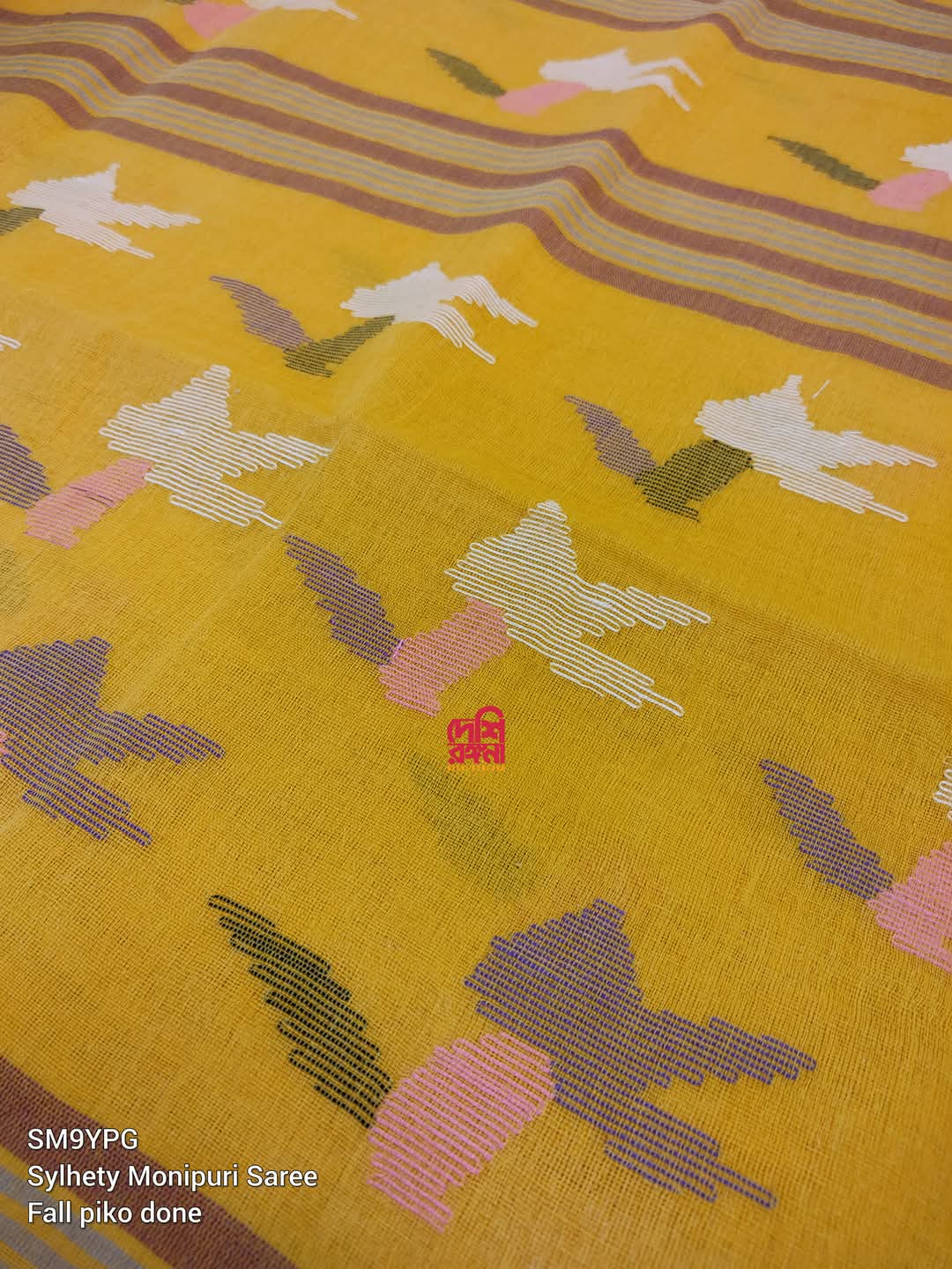 Yellow Sylheti Monipuri Cotton Saree with Purple & Gray Border
